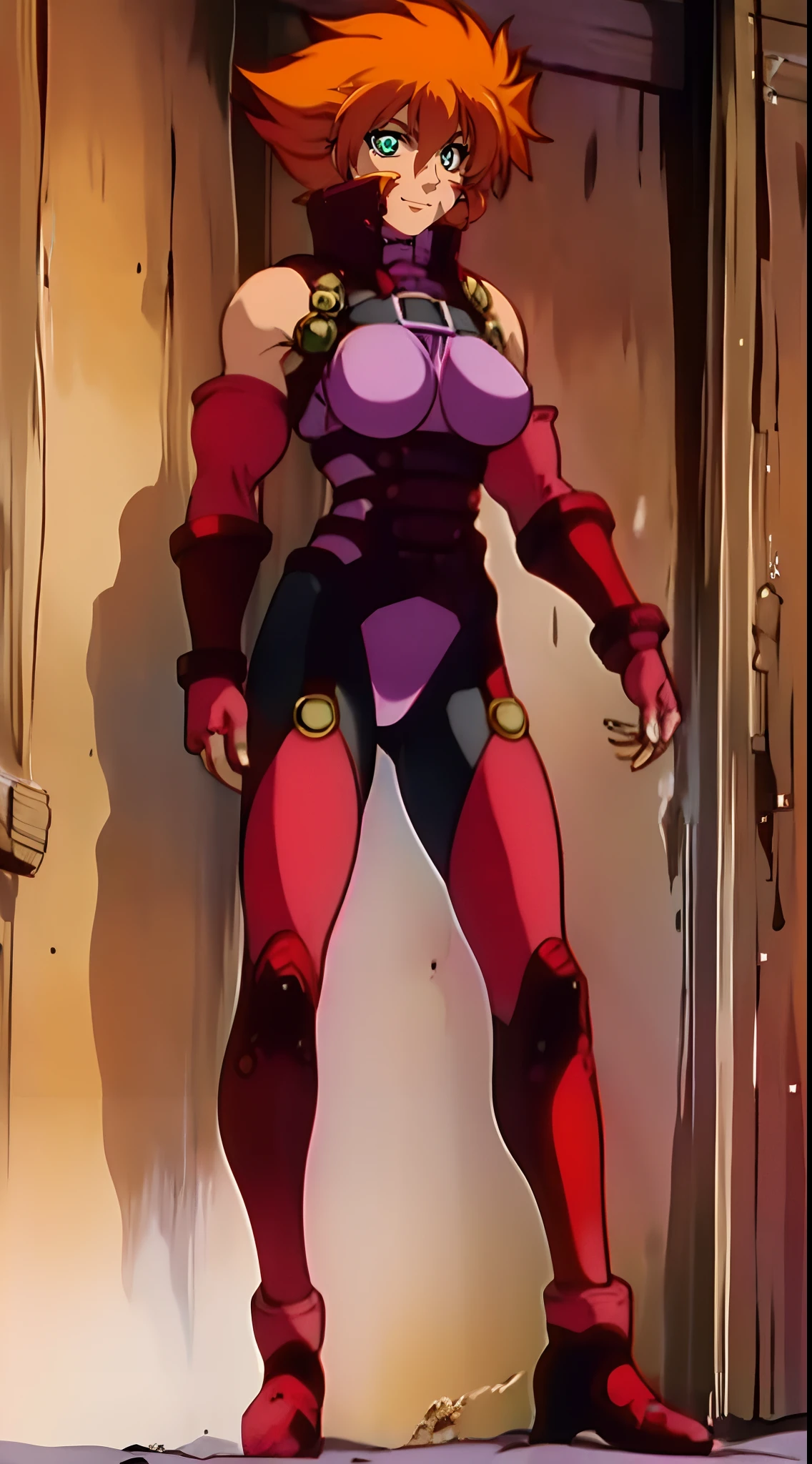 elle_ragu, huge_breasts, purple_leotard_black_pantyhose_red_gloves_garter_belt_red_boots_leather_gorget, standing, solo, masterpiece, best quality, detailed face, detailed eyes, highres,, standing full body, green eyes, smile, short hair