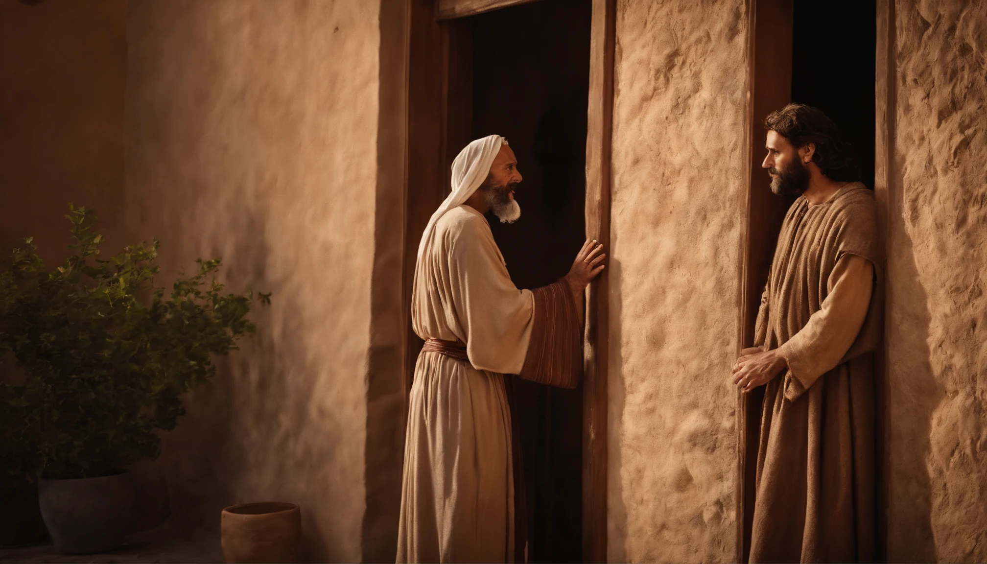 Two disciples of Jesus knocking on the door of a simple house in the city in Judea. Characters from the Bible