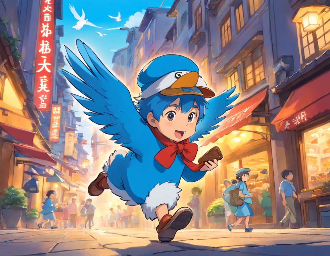 Logo-style illustration、Uber Eats Delivery Man、American comic、animesque、comics、comic strip、gag、Image Character、Unification of characters、Mascot character、humor、Blue bird hat