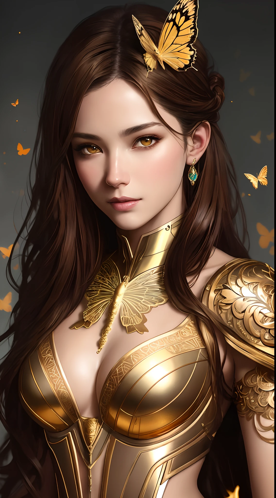 8k portrait of beautiful cyborg with brown hair, intricate, elegant, highly detailed, majestic, digital photography, art by artgerm and ruan jia and greg rutkowski surreal painting gold butterfly filigree, broken glass, (masterpiece, sidelighting, finely detailed beautiful eyes: 1.2), hdr,