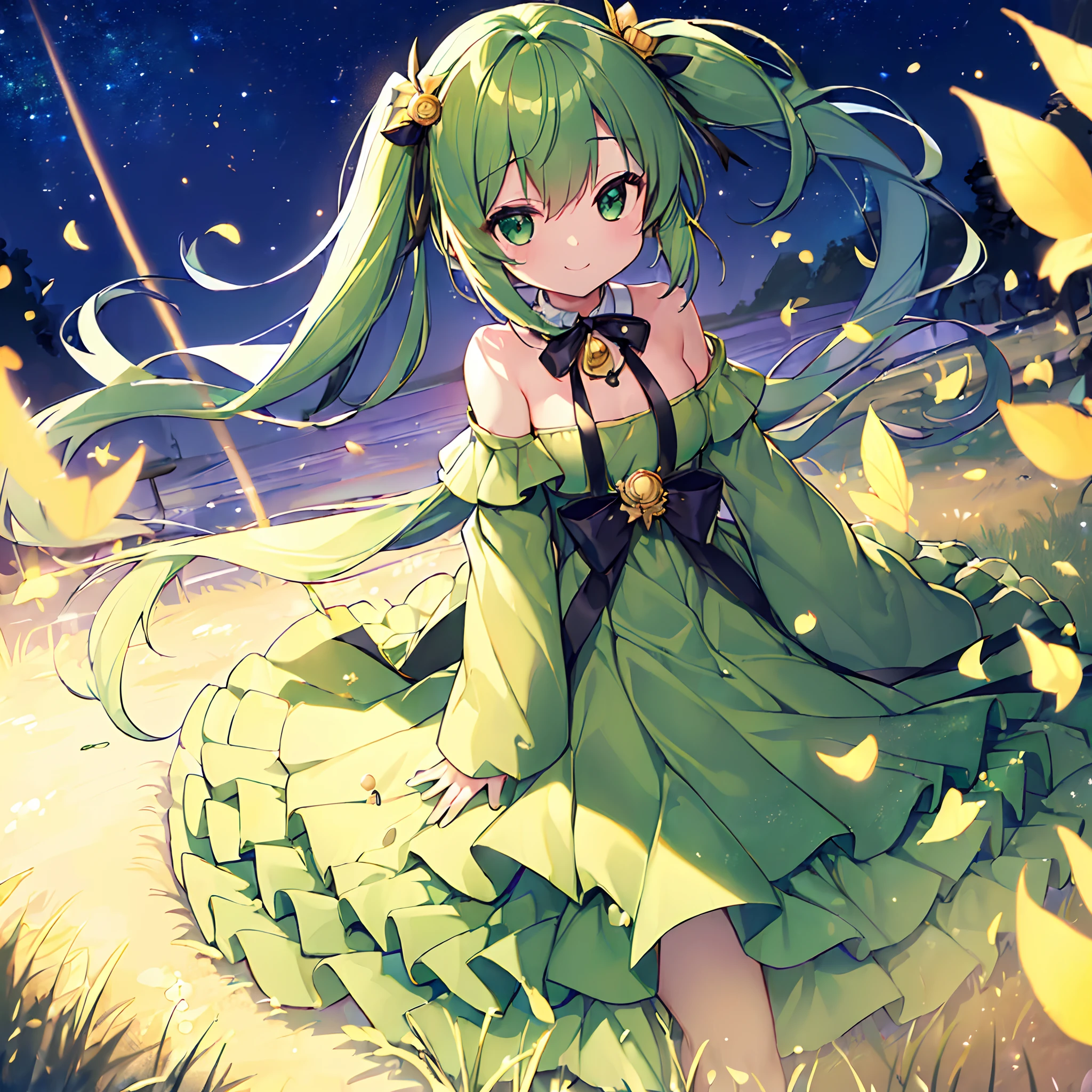 ((masterpiece,best quality,highest quality,illustration,intricate details)),1girl,smile, yellow dress, silky dress, green hair,braid, yellow eyes,
night,starry sky, depth of field, outdoors,