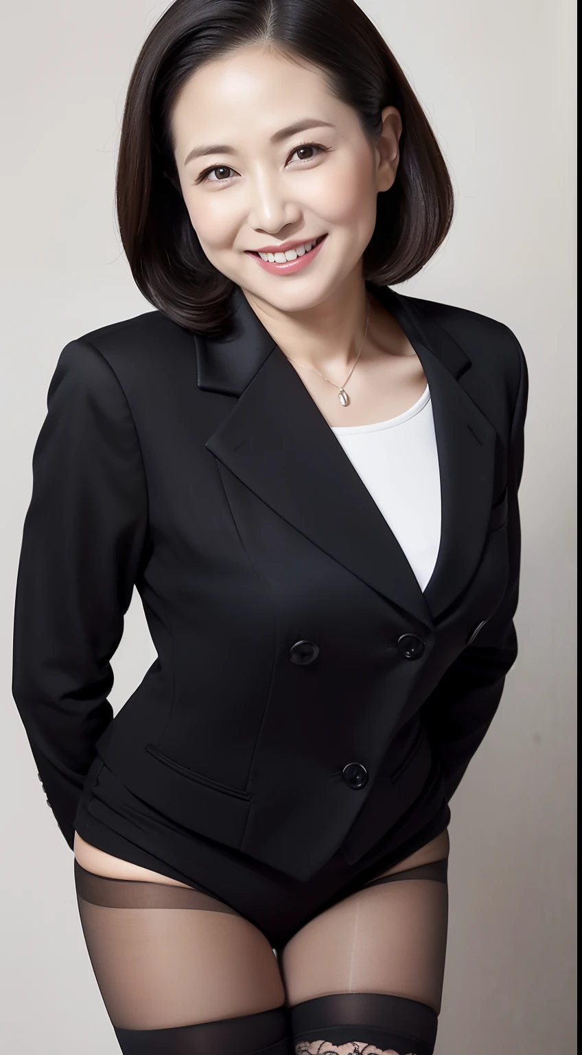 Masterpiece,Best quality, (maam. clerk:1), ((Portrait:1.3)), Cross arms, grey blazer, White shirt, Smile，Skirt that wraps hips，Long legs，Clearly focus pores，in a panoramic view，Cocked buttocks，black lence stockings，Big Chao