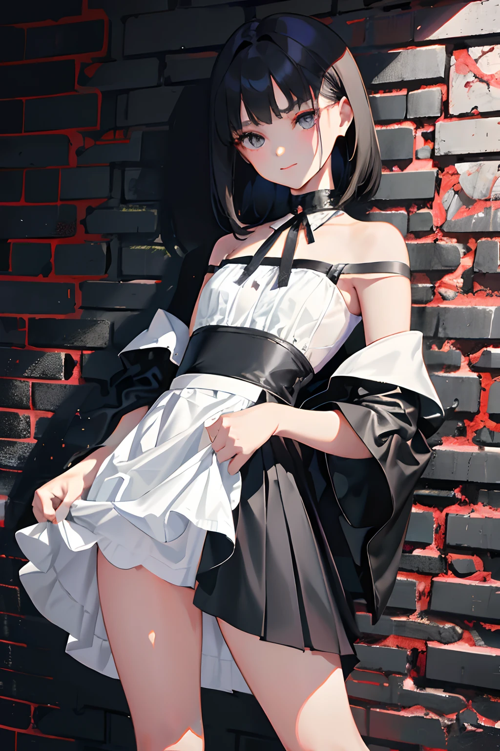 from a_Below,(masterpiece、top-quality)、(((Skirt Lift 1.6))),Black and white sheer blouse dress,a miniskirt,Cold shoulder sleeve,A dark-haired,Semi-long,smil,(((Petite girl at ))),Brick wall,Curtsey,Sweat,((undergarment))