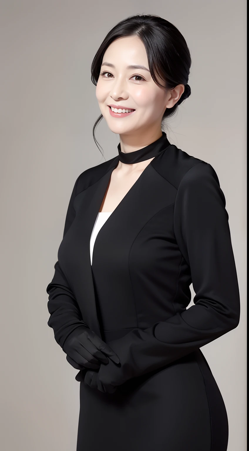 Masterpiece,Best quality, (maam. clerk:1), ((Portrait:1.3)), Cross arms, Smile,Professional Dress,Long legs,skin hyper-detail,Clear pores,in a panoramic view,Cocked buttocks,black lence stockings,Beautiful young Japanese woman over 40 years old, Perfect face, Fantastic look, (Detailed facial features), Clean and nice face,