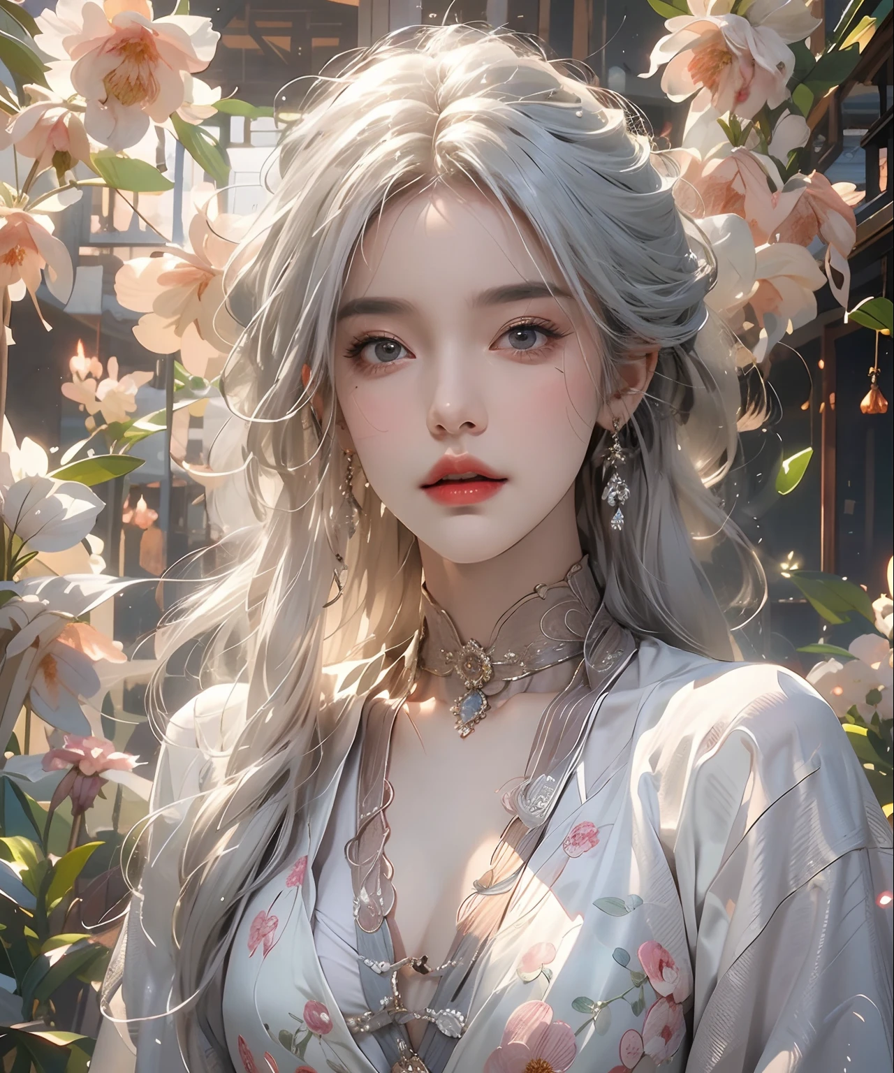 Photorealistic, very high res, 1womanl, 独奏,clubs，palaces，oriental architecture ray tracing，{best qualtiy}，{ {tmasterpiece}}，Extremely detailed 8k wallpaper，{An extremely delicate and beautiful}，intricately details，photorealestic，Realiy，Camera quality，（Carefully portray clothes），Cold white skin，（Carefully portray blush）,1080p，Hips up,  (Detailed face), A cold face，White hair, Medium breasts, long whitr hair, Sword repair，White robe,Oversized clothes, jewelry，Smooth light silver hair，Messy beauty，lamplight，The skin is shiny and silky，tmasterpiece，The best quality，The illustrations are super detailed，beautidful eyes，Very detailed 8k CG wallpaper，Peach blossom eyes，An extremely delicate and beautiful girl，8k wallpaper，best qualtiy，close-up all over the body
