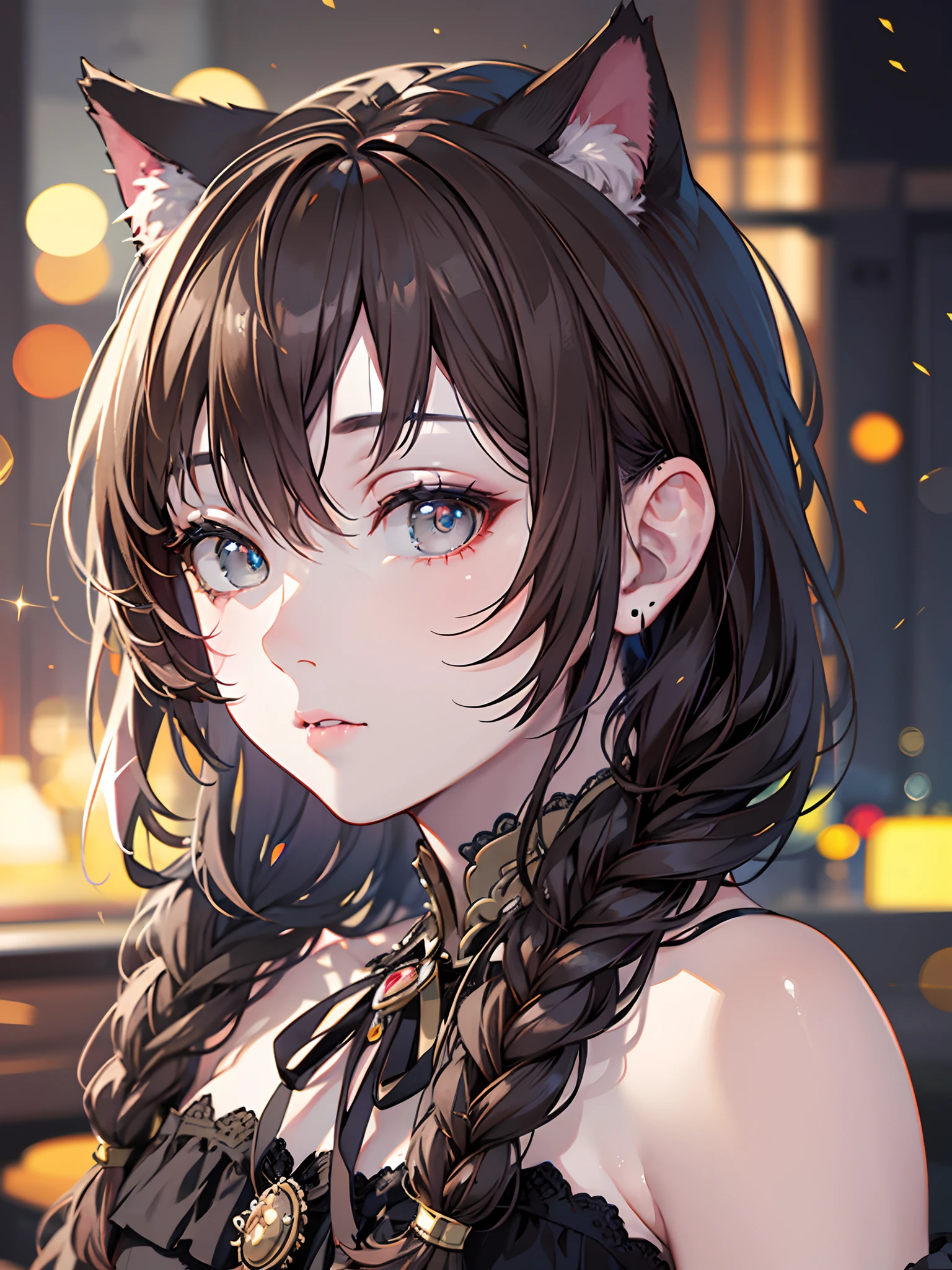 (best quality, ultra-detailed),(realistic:1.37),HDR,UHD,studio lighting,extreme detail description,professional,vivid colors,bokeh,portraits
Cat girl, cat ear, incredibly detailed beautiful grey eyes, focus on face, solo, night time, incredibly detailed beautiful brown hair, double braids, cute, whole body, dreamy, pale skin.