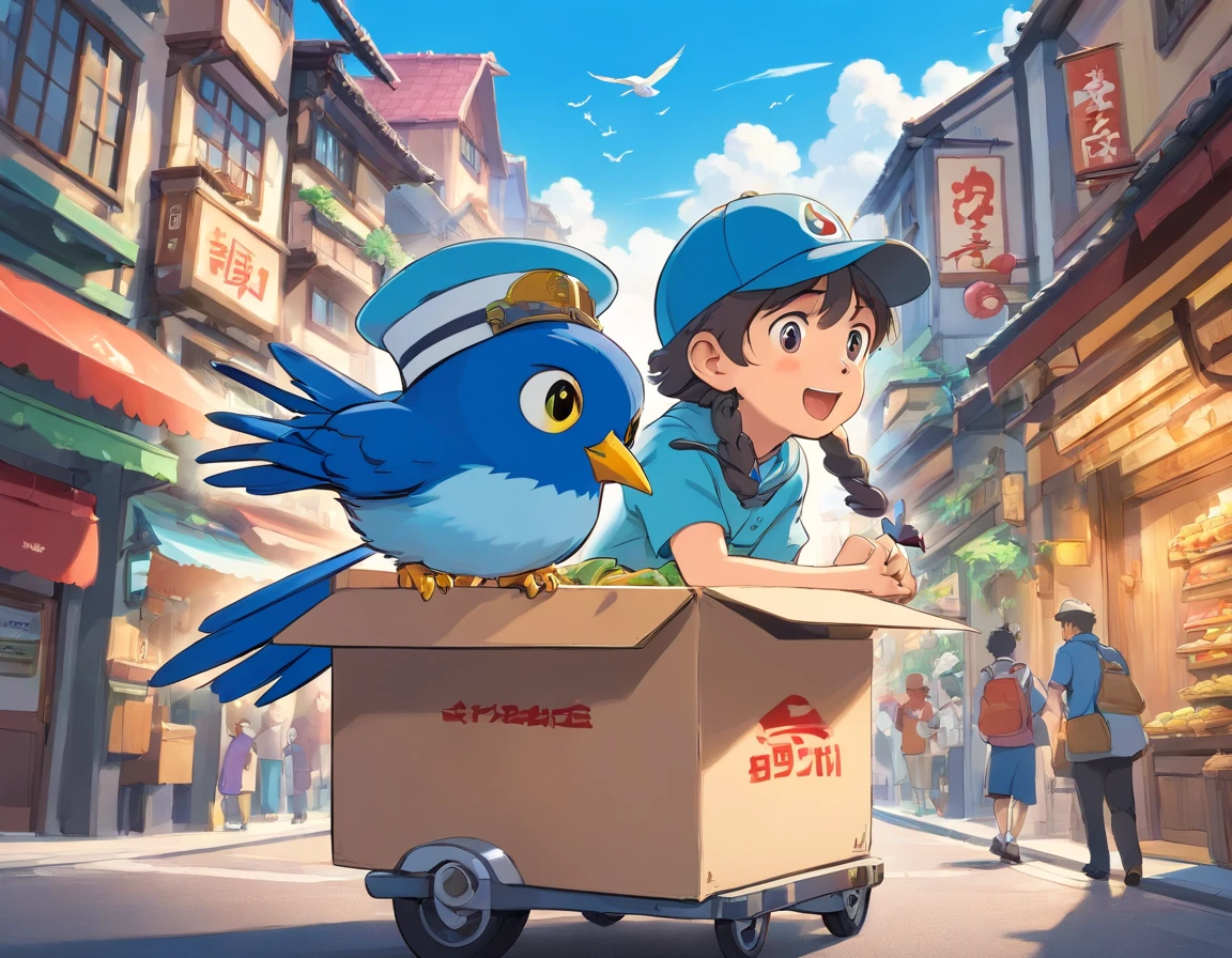 Logo-style illustration、Uber Eats Delivery Man、American comic、animesque、comics、comic strip、gag、Image Character、Unification of characters、Mascot character、humor、Blue bird hat