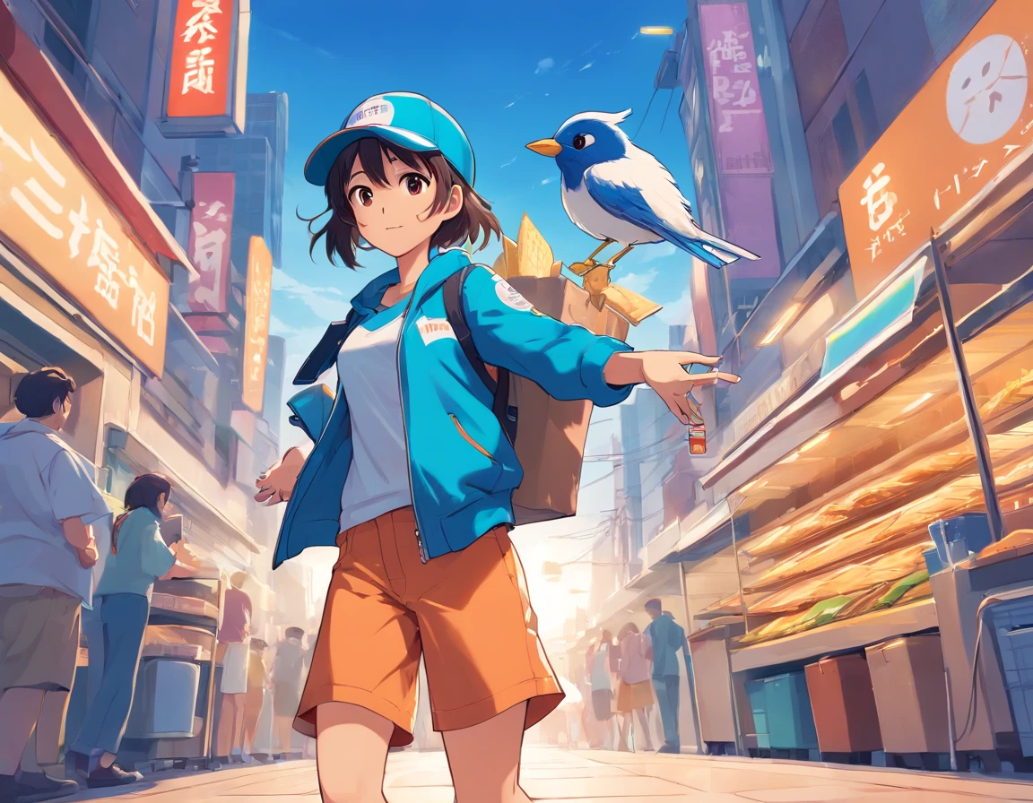 Logo-style illustration、Uber Eats Delivery Man、American comic、animesque、comics、comic strip、gag、Image Character、Unification of characters、Mascot character、humor、Blue bird hat