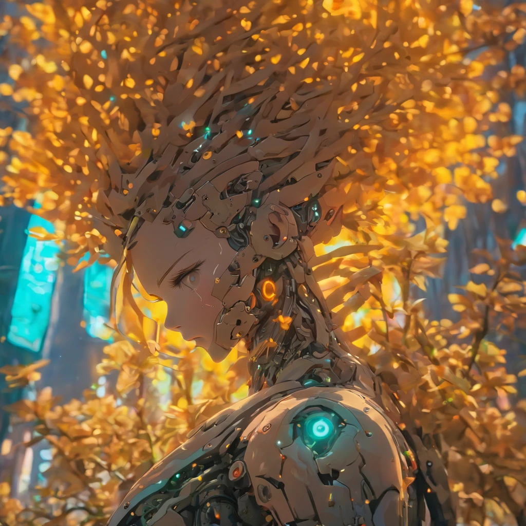 gorgeous botanical cyborg with dry flowers growing out of it, rustic:1.3 ,biomechanical ((cyborg:1.3))automata, android, bokah diadem, damaged suit, dameged head, cracked glass, scratche screen,damned lands,yule heaven,biomechanical cyborg, 8k resoultion, cinematic style digital art render with mechanical and futuristic details, Sci-Fi, hyper realistic ,biomachanical cyborg, post apocalyptic, damaged, surreal,surreal, withered nature, withered plants and leaves , dried , sunset,blurred environment background, portrait, digital art, concept art, post processed, dynamic lighting, (painted by bochen and wlop, stylized by nixeu and greg rutkowski), trend on pixiv, perfect composition, cinematic, majestic, detailed, sharp details, sharp focus, perfect anatomy, shiny, masterpiece, award-winning photography, fine-tuning face, masterpiece, art by yoshiyuki sadamoto and matt banning