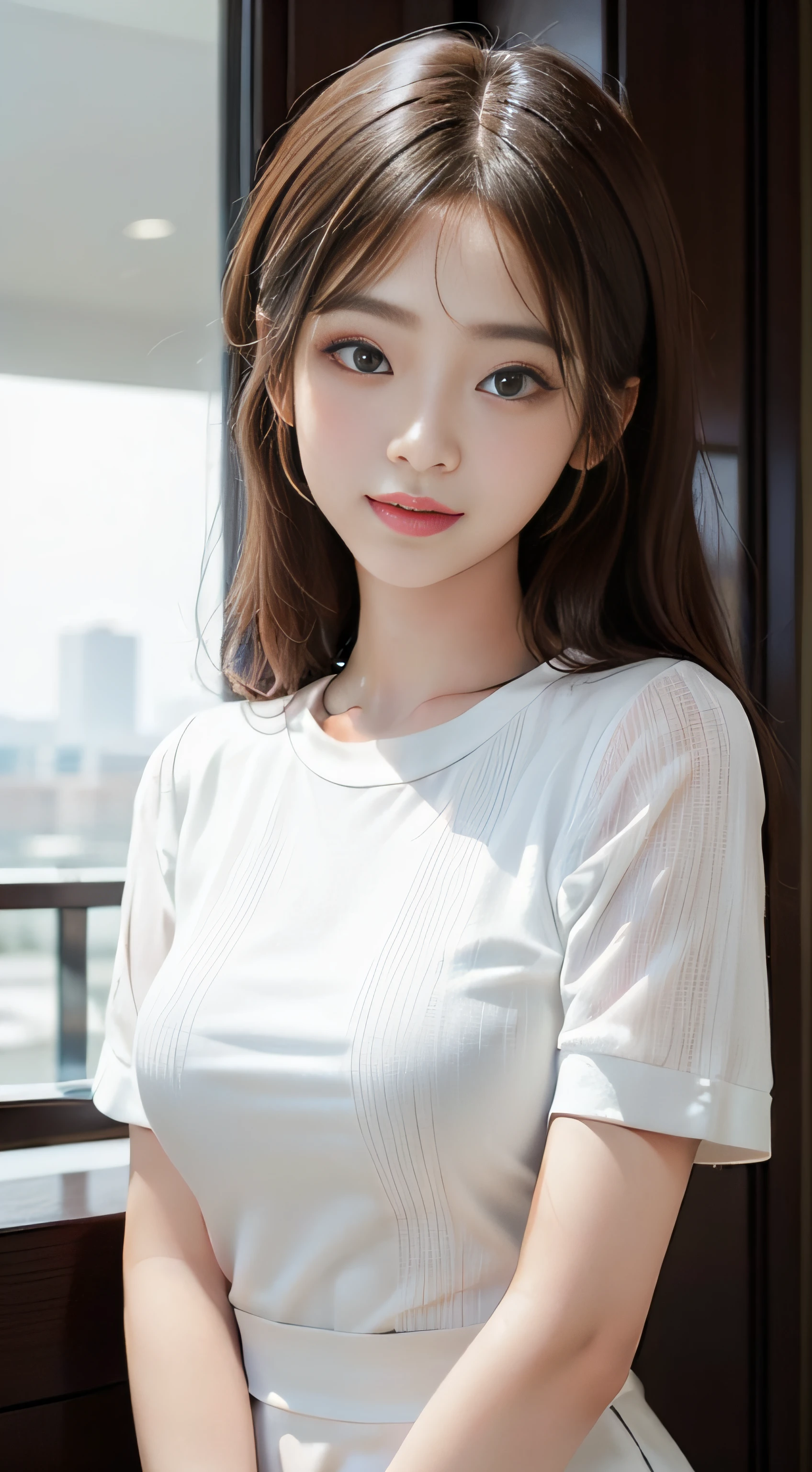 masterpiece、Top image quality:1.2、((beautiful young woman with))、Transparent skin:1.2、{A slight smil}、(kawaii)、Short sleeve knit、luxury hotel、depth of fields