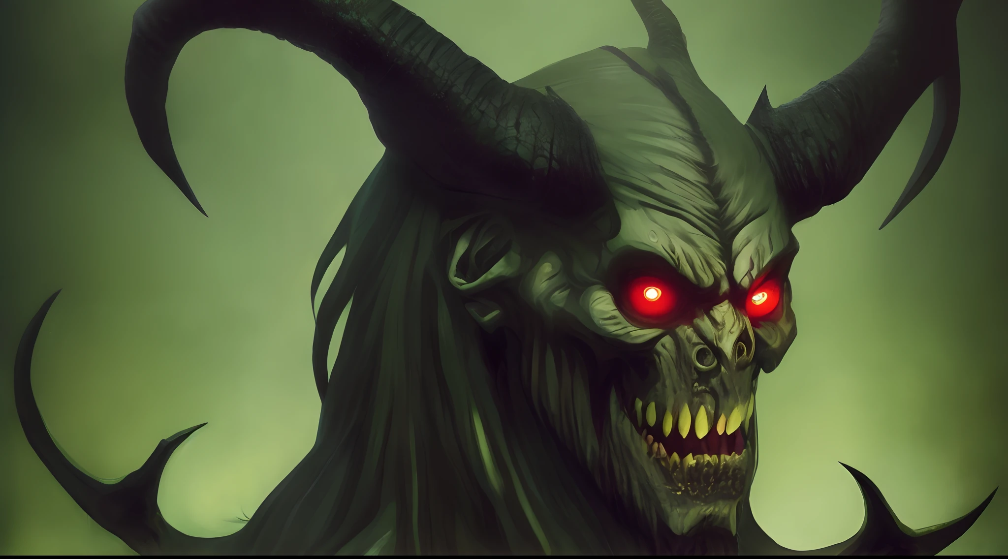 Demon head, horned, red eyes, only the head, seen from the side, green background, menacing teeth, frightening face