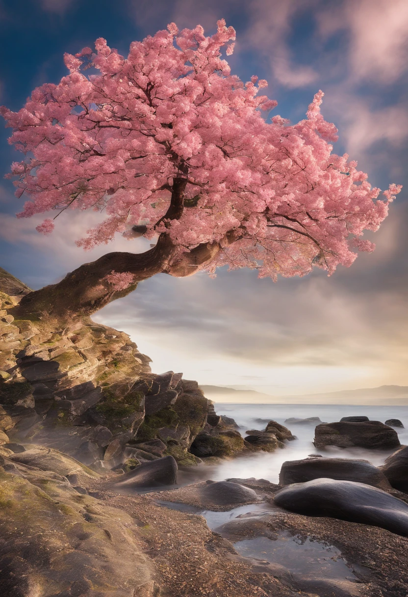 Ein erstaunlicher rosa Baum auf einem Felsen am Strand, im Stil der realistischen Darstellung von Licht, Durchgang, Vom Glauben inspirierte Kunst, Abandoned rooms, Lichtdurchflutete Szenen, Immersive Umgebungen, Blumen- und Naturmotive --AR 14:25