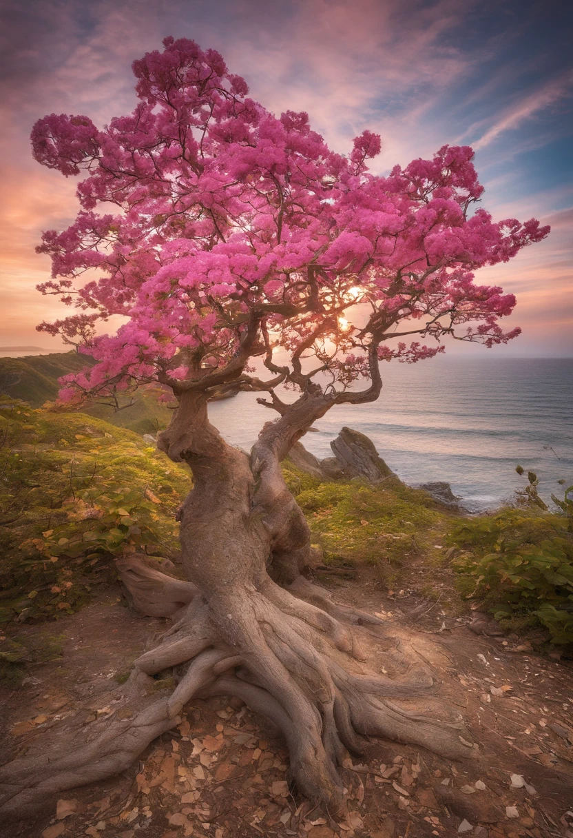 Ein erstaunlicher rosa Baum auf einem Felsen am Strand, im Stil der realistischen Darstellung von Licht, Durchgang, Vom Glauben inspirierte Kunst, Abandoned rooms, Lichtdurchflutete Szenen, Immersive Umgebungen, Blumen- und Naturmotive --AR 14:25