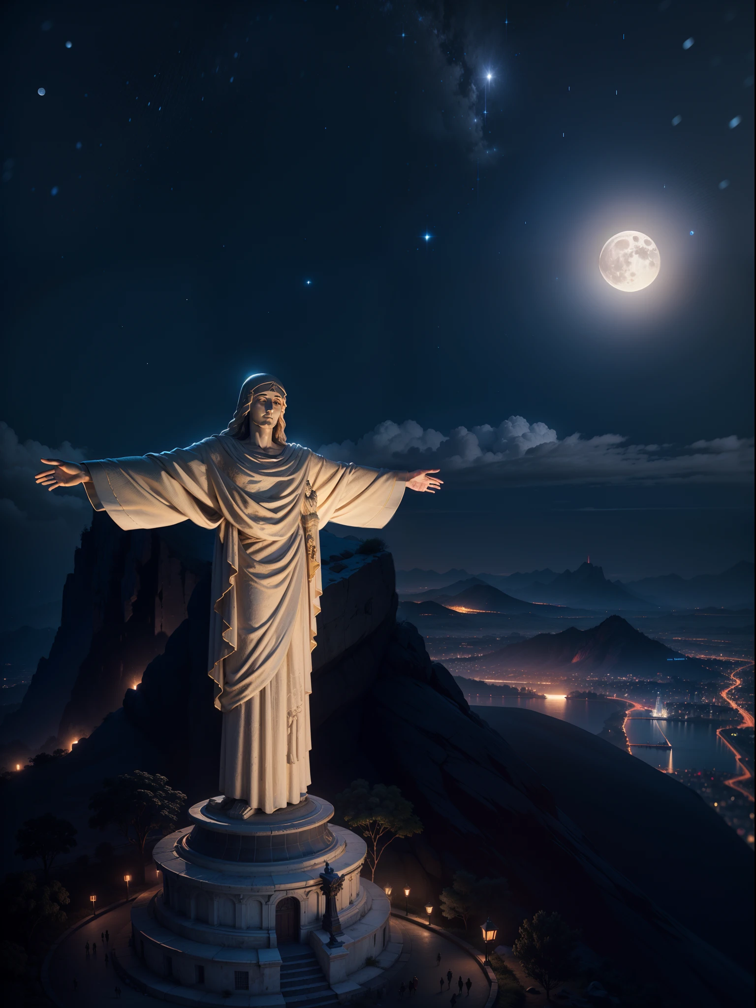 Christ the Redeemer, beauty of redeemer,night view, beautiful full moon, shinny stars in the sky, realistic, Unreal engine 5 effects, masterpiece, best quality, hyperHD, 24K UHD