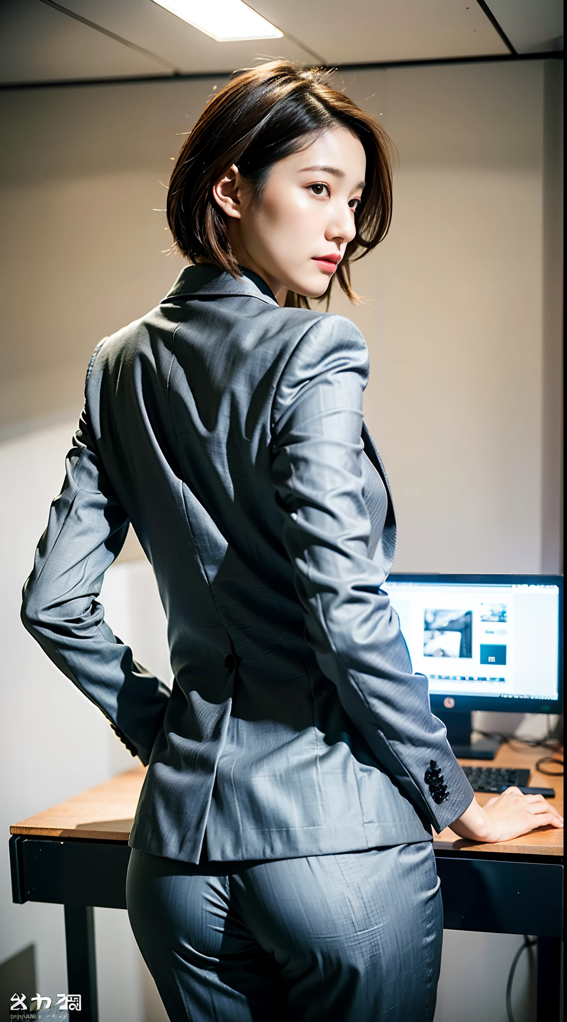 (Best quality, 8k, 32k, Masterpiece, UHD:1.2), 1girl, beautiy Japanese woman, narrow waist, grey suit, open jacket, office lady, suit, pants, from behind, office room, desk, (stick out one's buttocks:1.2), detailed face, short hair,