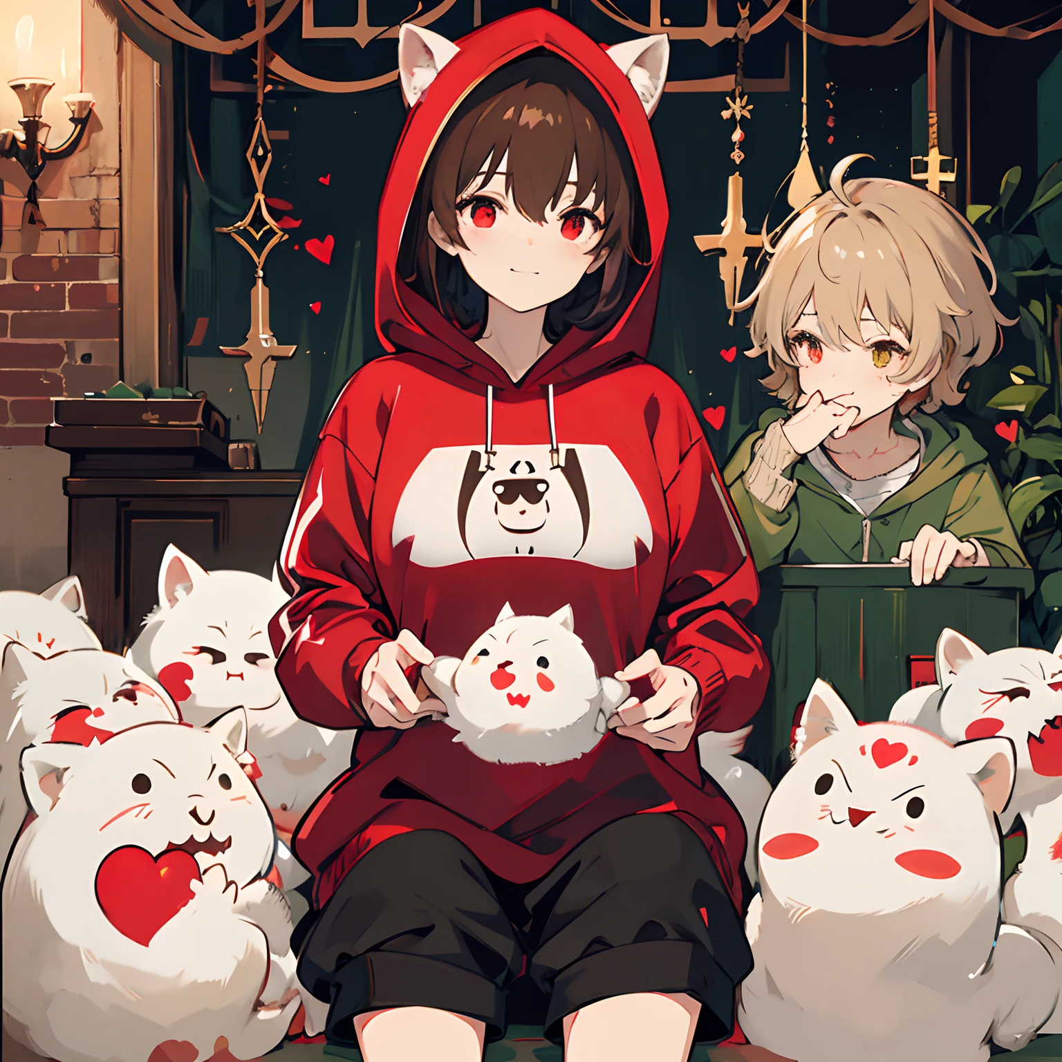 undertale,chara,solo person,Lone wolf,shadowy,Grinning,red - eyed,Sick,morden,Cold-blooded killer,There are large red round spots on both cheeks,Standing in the shadows,Green hood,With a hood,Green sweater,brown shorts,daggers,stocklings,Full body standing painting,with short brown hair,Be red in the face,Hand repair,the detail,k hd,Gold love heart necklace,Close to the original,illustration,CG,anime big breast,quadratic element(Optimal image quality,tmasterpiece,sexual appetite)