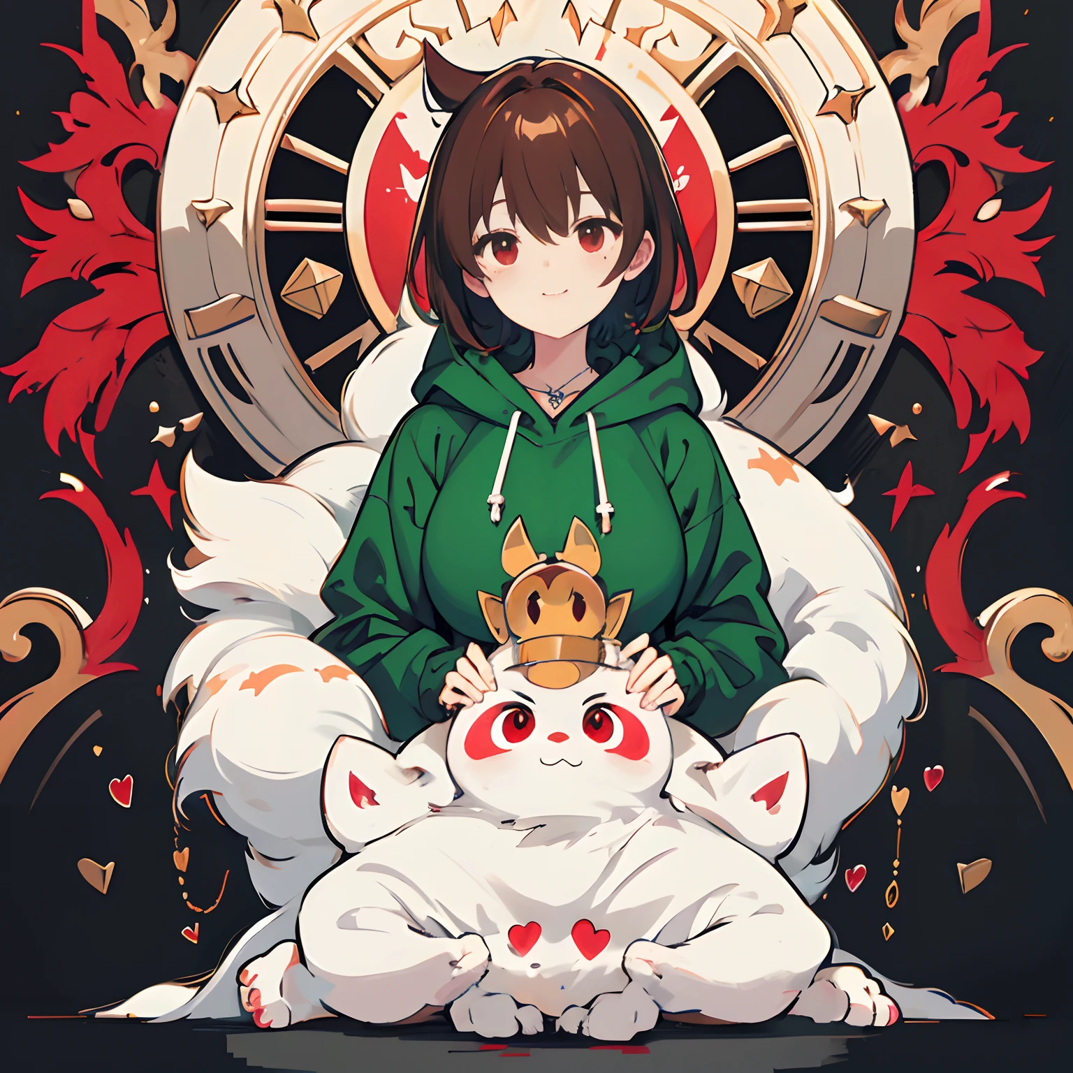 undertale,chara,solo person,Lone wolf,shadowy,Grinning,red - eyed,Sick,morden,Cold-blooded killer,There are large red round spots on both cheeks,Standing in the shadows,Green hood,With a hood,Green sweater,brown shorts,daggers,stocklings,Full body standing painting,with short brown hair,Be red in the face,Hand repair,the detail,k hd,Gold love heart necklace,Close to the original,illustration,CG,anime big breast,quadratic element(Optimal image quality,tmasterpiece,sexual appetite)
