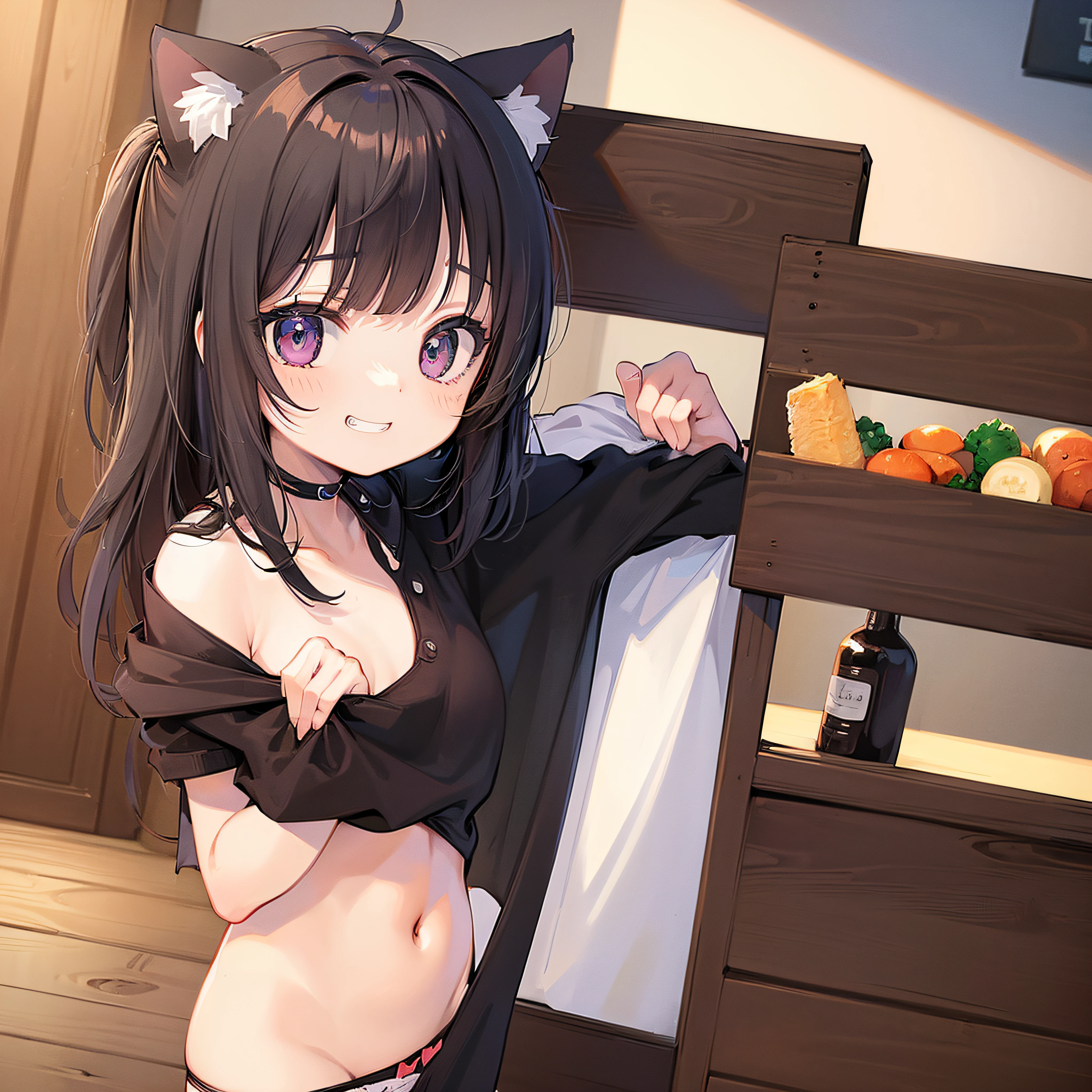 ((Top Quality,8k, 32k,Masterpiece:1.2)), , gravure, cat ears, grin, undressing, showing panties