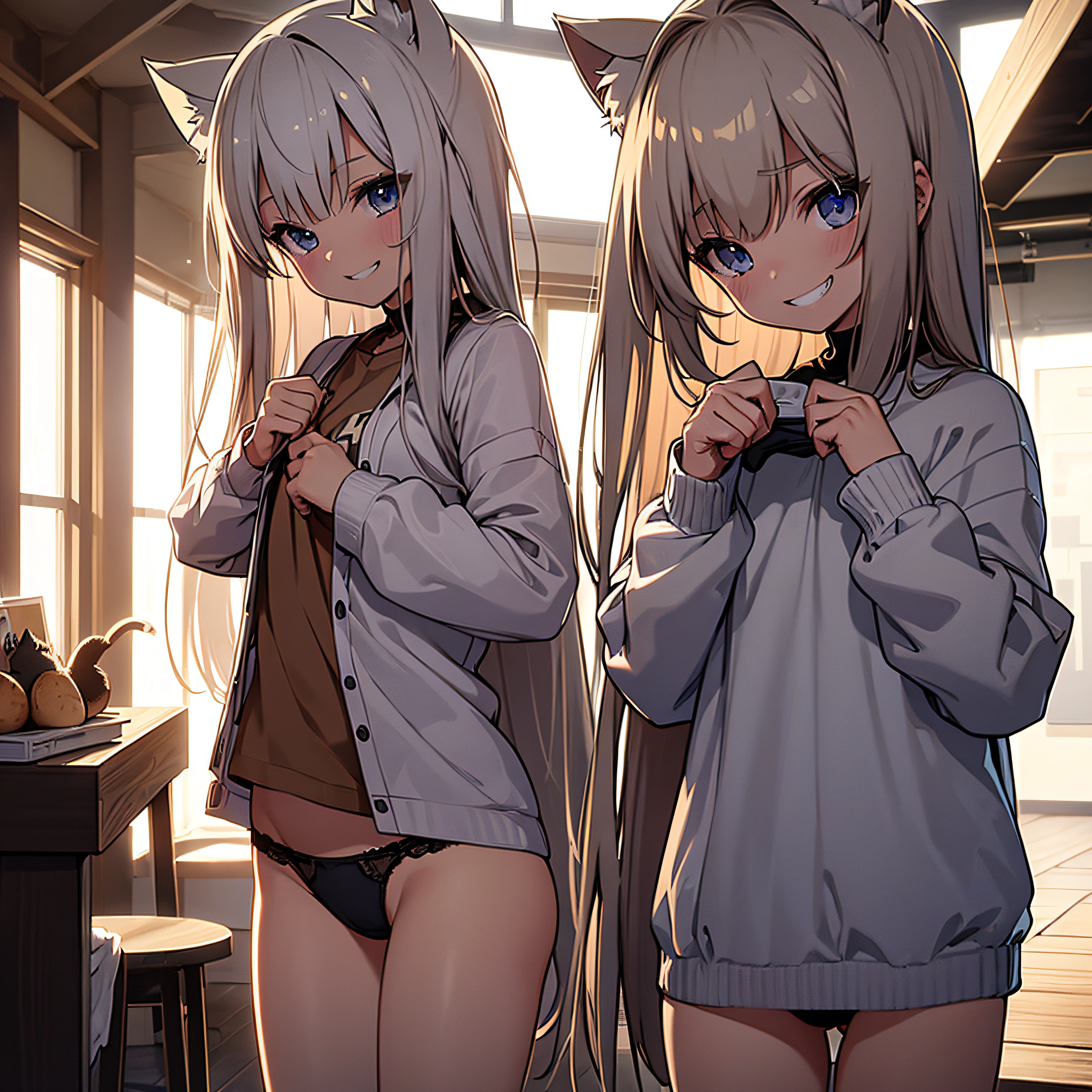 ((Top Quality,8k, 32k,Masterpiece:1.2)), , gravure, cat ears, grin, undressing, showing panties