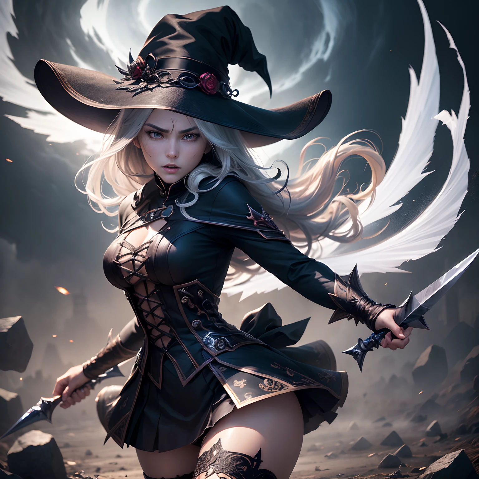 (Best Quality,Ultra-detailed,Realistic:1.37)、Witch Attacking with Wind Magic、An 18-year-old woman、(Sharp eyes:1.5)、Aggressive look、Stylish outfit、A tornado dances around her、Full body