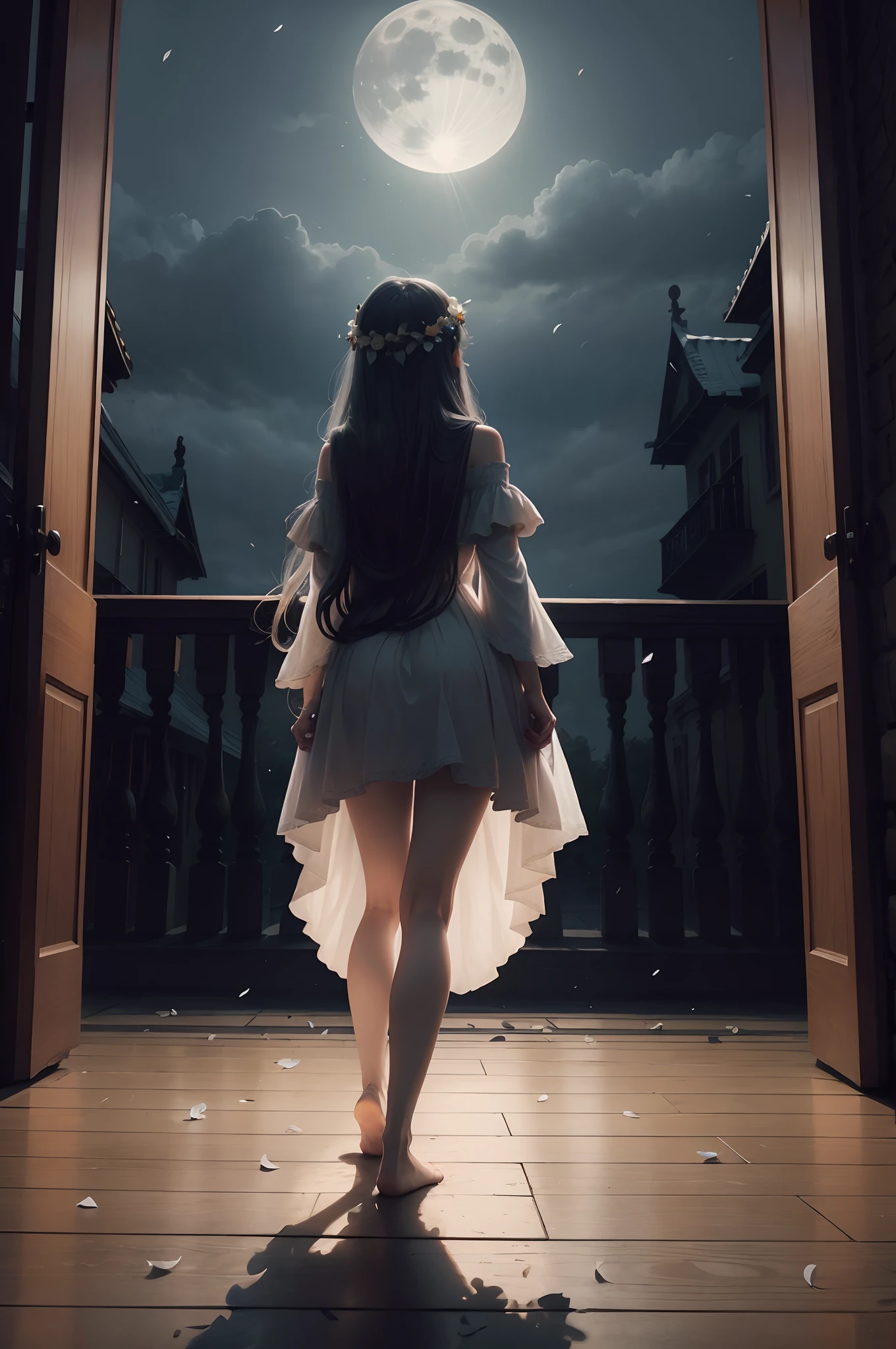 Moonlight back,standing on your feet,Long hair scattered,Garland on the head ,Many petals fell from the sky