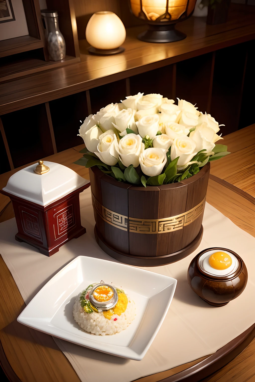 A table,It has an egg fried rice on top,There is a ring box next to it、And a bouquet of flowers,The background is a Chinese night market