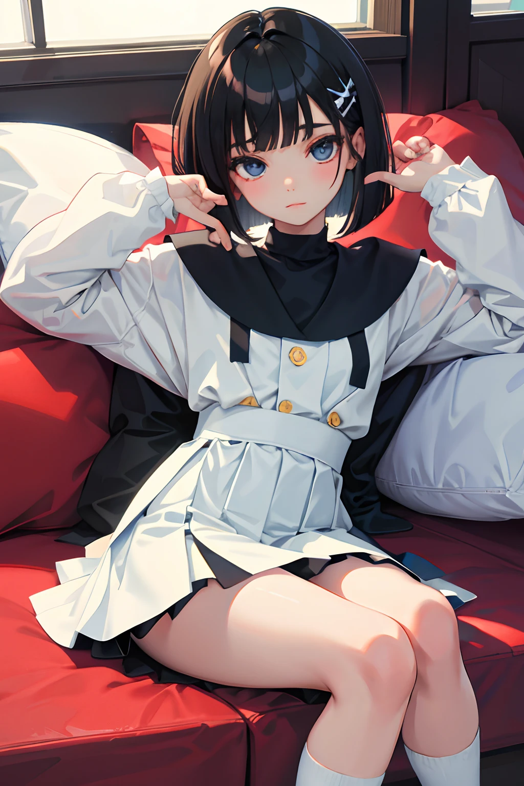 ，（​masterpiece，Highest Quality），pleatedskirt，thigh-high socks，Sleepy face，A dark-haired，Medium bob