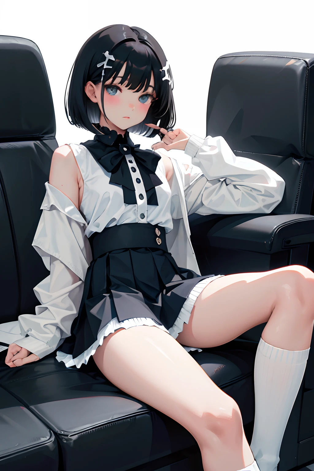 ，（​masterpiece，Highest Quality），pleatedskirt，thigh-high socks，Sleepy face，A dark-haired，Medium bob