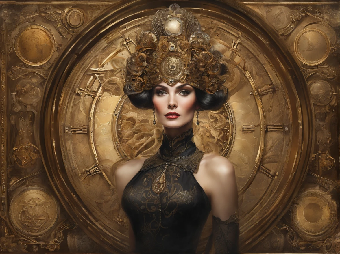 a painting of a woman with a golden headdress and a black dress, Mucha Klimt et Tom Bagshaw, Bel art UHD 4 K, 4k highly detailed digital art, exquisite digital illustration, WLOP complexe, art nouveau! Cyberpunk! style, 4k detailed digital art, Mucha style 4K, Jen Bartel, cyberpunk art nouveau.luis rouo style