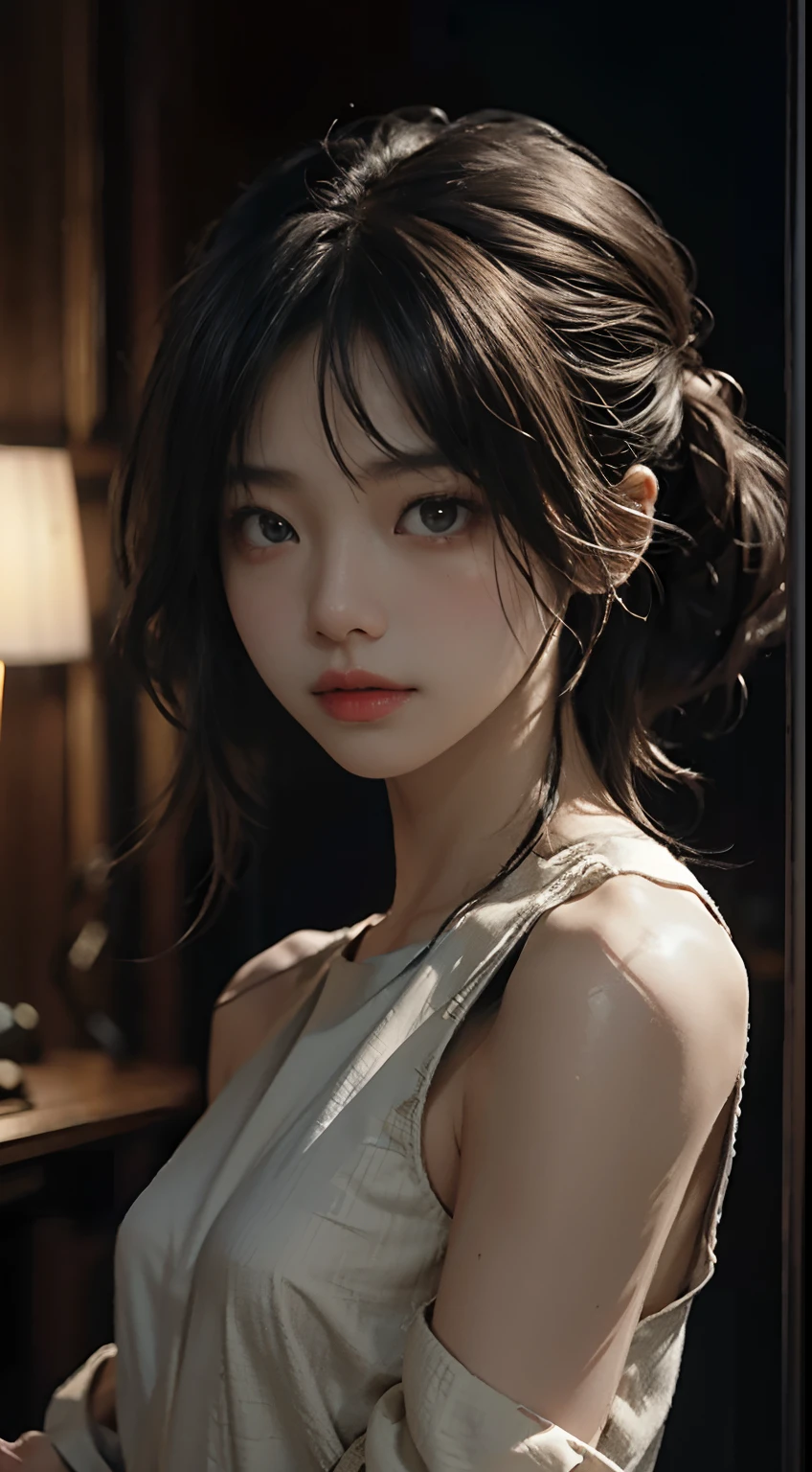 best qualtiy，tmasterpiece，超高分辨率，（fidelity：1.4），RAW photogr，1girl，cropped shoulders，cinmatic lighting，warm lights，watered eyes