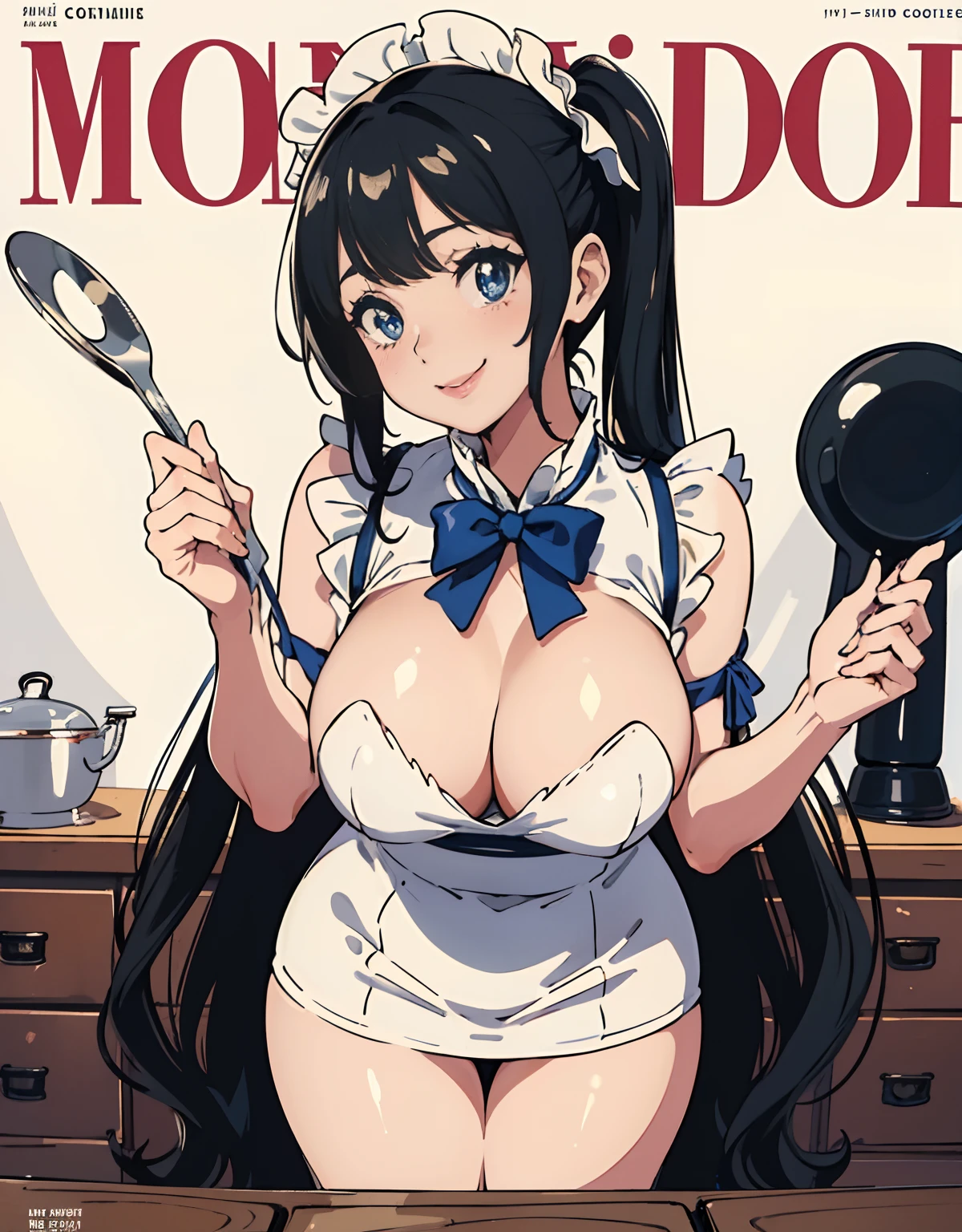 (Best Quality, Masterpiece),sexy mommy, Front cover of a women's cooking magazine,  erotic, 18+, nsfw, 1girl, 30 years old, stunning, cute, smile, hourglass figure, Maid costume, beautiful food, text, diagrams, advertisements, magazine title, long black hair,blue  detailed sparkling eyes,hair in pigtails