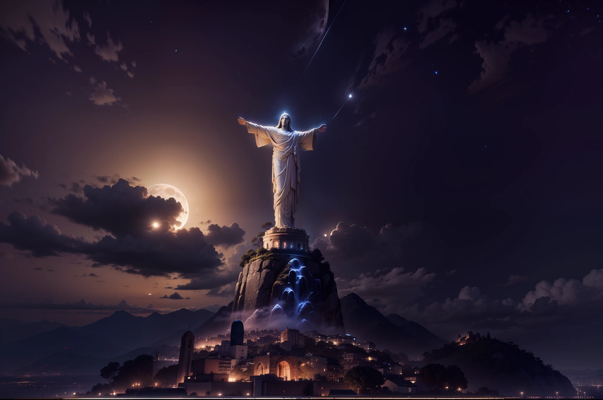 Christ the Redeemer, beauty of redeemer,night view, beautiful full moon, shinny stars in the sky, realistic, Unreal engine 5 effects, masterpiece, best quality, hyperHD, 24K UHD
