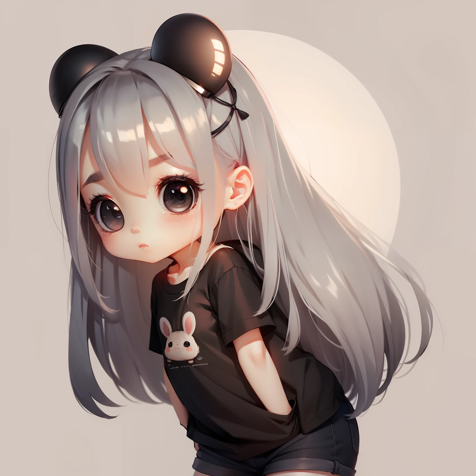 ​masterpiece、detaileds、Soft lighting、tshirts、short pants、Rabbit eared girl with long gray hair、Black-eyed chibi、simple background、