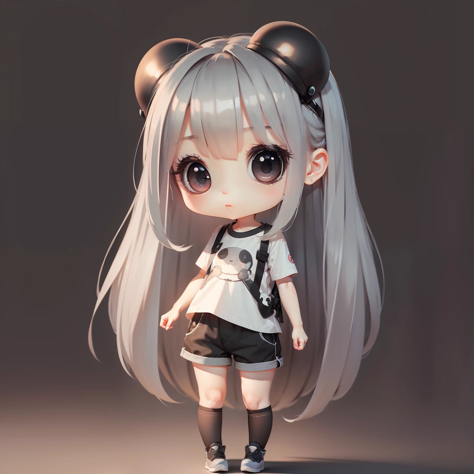 ​masterpiece、detaileds、Soft lighting、tshirts、short pants、Rabbit eared girl with long gray hair、Black-eyed chibi、simple background、