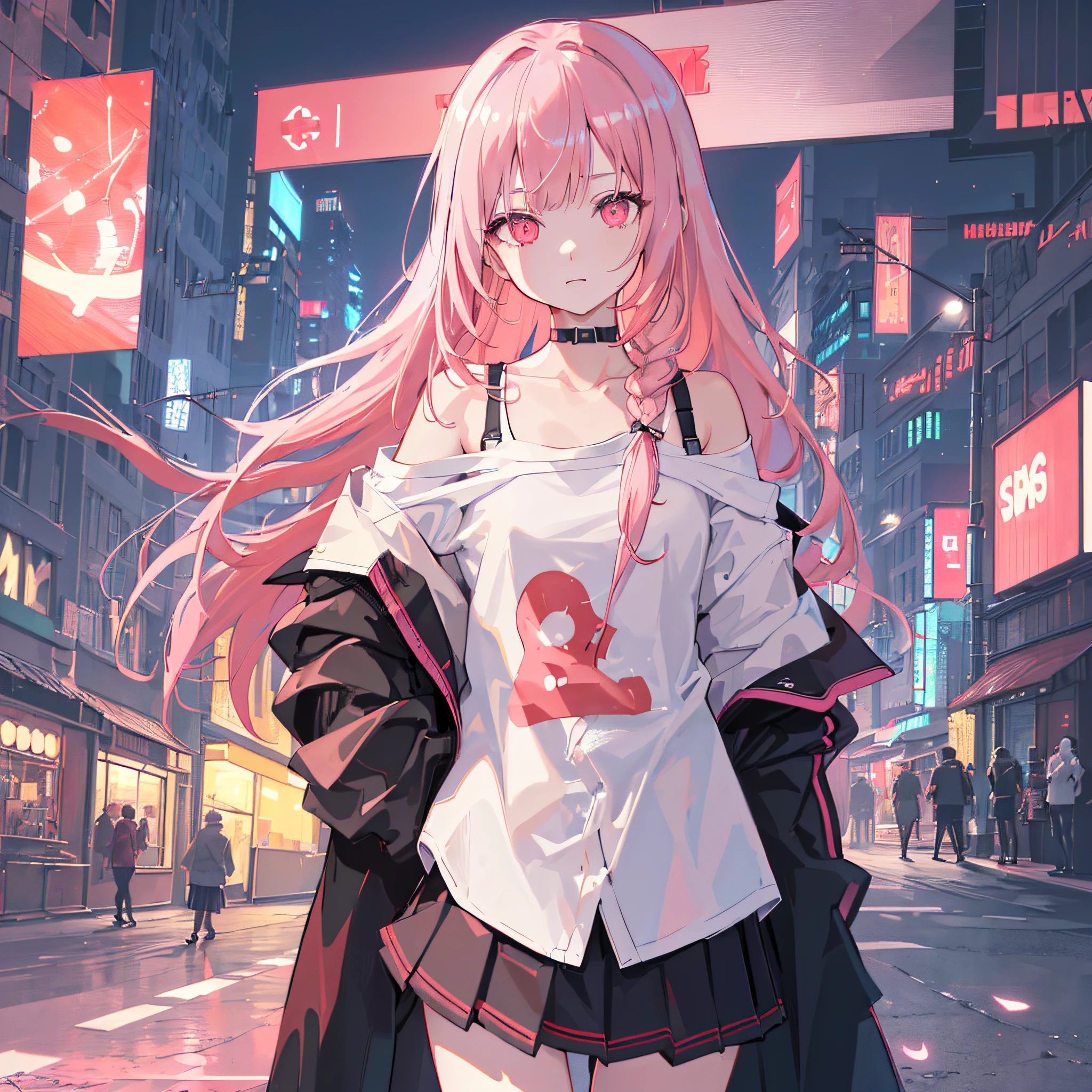 1girl, solo, ****, petite, (very_long_hair), (pink_hair:1.2), braids, (red_eyes), medium_breasts, (white_shirt:1.5), (windbreaker), (off_shoulder:1.2), (portrait), glowing_eyes, background_light, (cityscape:1.5), (pleated skirt, )(neon_lights:1.2), (science), cyberpunk, ((masterpiece)), (highres), (best_quality), (highly_detailed), (original),(Delicate background),(extremely detailed 8K wallpaper),cinematic lighting, volume lighting, light particles, shaded_face, beautiful_detailed_eyes, depth_of_field, perspective,