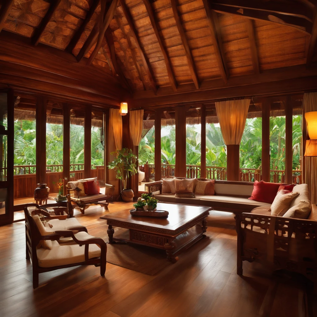 living room with wooden tables and chairs, peaceful wooden villa, wooden house, wooden furniture, wooden ceiling, interior, inside the building, inside the house in the village, luxury wooden house, interior view, home interior living room, view from inside, living room, traditional Vietnamese style, with precious wood details, front, decorated with precious wood