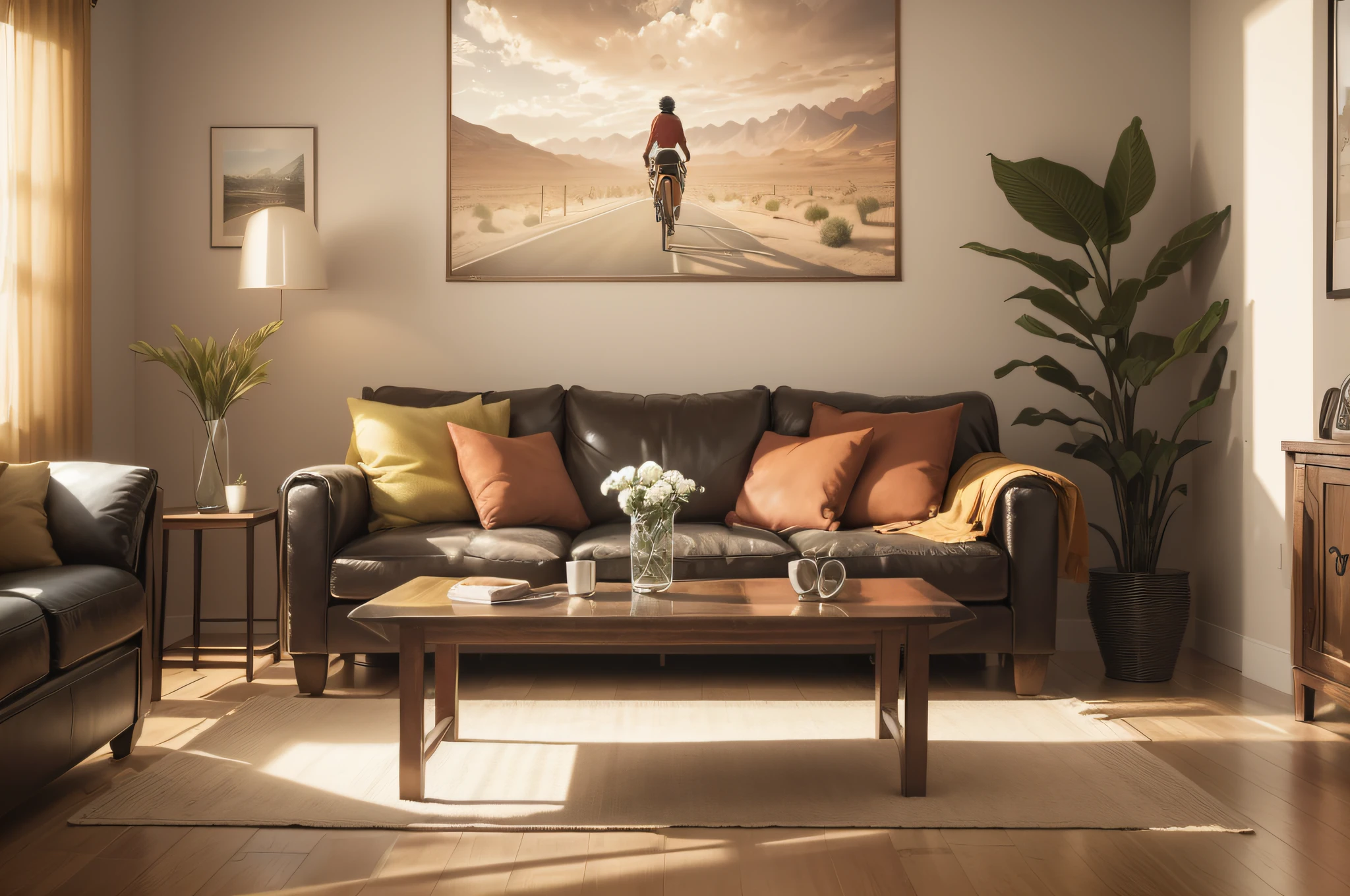 Create a photo of a living room with an antique sofa, um lustre no teto, uma mesa de centro de vidro com um frasco de flores, uma poltrona, another table next to the couch and a square poster on the living room wall with a cyclist riding in the desert