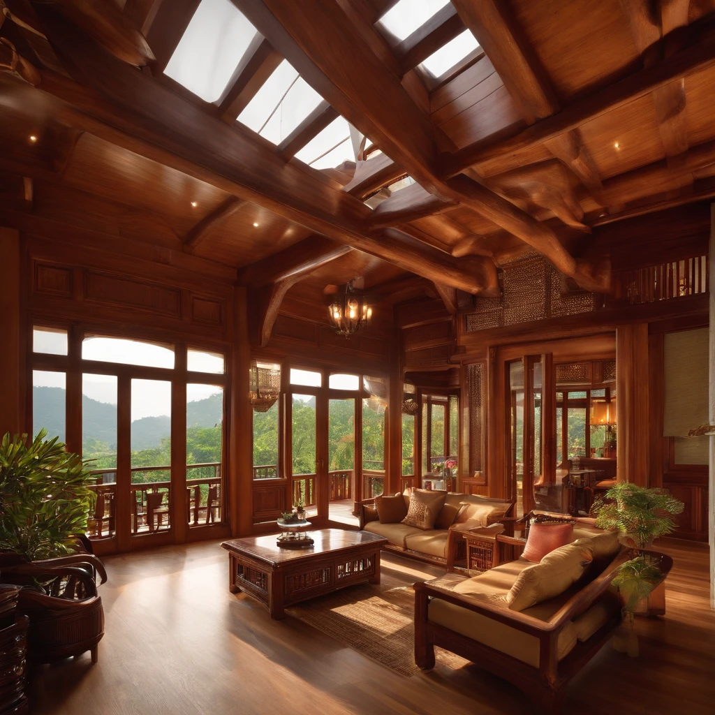 living room with wooden tables and chairs, peaceful wooden villa, wooden house, wooden furniture, wooden ceiling, interior, inside the building, inside the house in the village, luxury wooden house, interior view, home interior living room, view from inside, living room, traditional Vietnamese style, with precious wood details, front, decorated with precious wood
