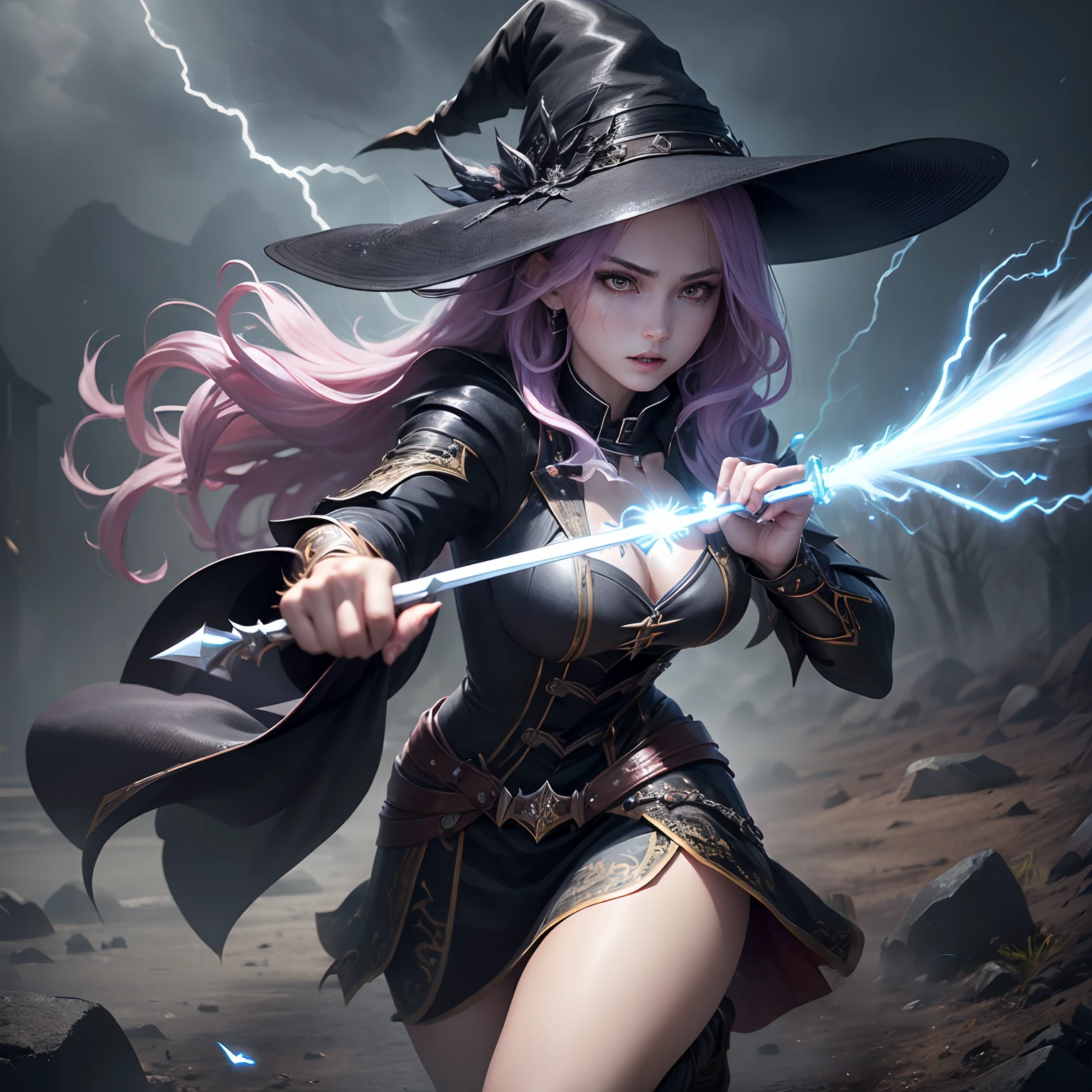 In the middle of so the storm on the stone field stand beatiful witch, she have a beautiful face with blue eyes shining purple lipstick and purple eye shadows, she have long blue hair with purple highlights, she dressed in black long coat short skirt high heels shoes and witch hat on her head , there is lighnings all around her, (ultra high quality fantasy art, anime fantasy style, masterpiece, ultra high quality character design, 8k quality anime art, realistic anime art, top quality wallpaper illustration, detailed ultra high quality accurate face, high quality design and accurate physic)