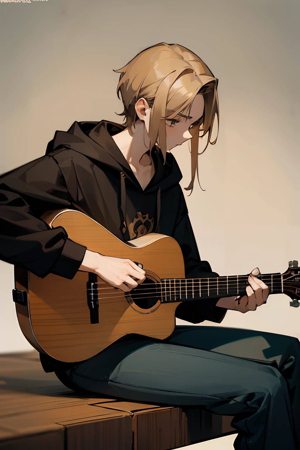 17 year old guy, dark blonde hair, hair flowing backwards, brown eyes, dark hoodie and pants, holding an acoustic guitar, sitting down, sad, depressing, detailed, high quality, five fingers per hand, two hands
