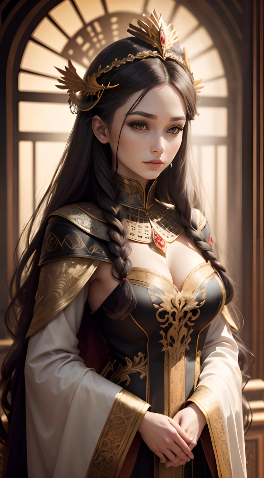 A woman in a fancy costume in the palace，Turning Head，Rich and luxurious，Wearing a phoenix crown headdress，wide wide shot，Black accents，Multiple layers of clothing，Delicate three-dimensional facial features，Gray-brown hair，Pan head，exquisite facial features，Three-dimensional facial features