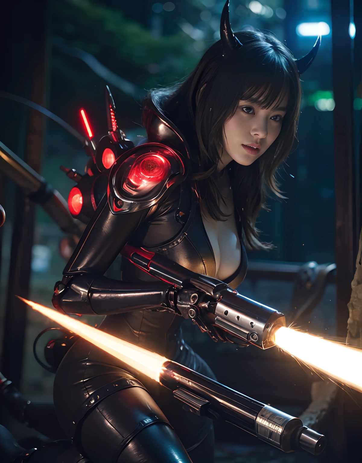 (Wearing a Devil's Bodysuit)、top-quality、​masterpiece、超A high resolution、(Photorealsitic:1.4)、Raw photo、女の子1人、Fight mutants、glowy skin、(((1 Mechanical Girl)))、With a beautiful knife、（Green Metal Bodysuit）、（Fight fiercely against aliens）、Fight fiercely、(beautiful forest background)、(Fighting Demonic Beasts)、(Small LED)、((super realistic details))、portlate、(Strong giant demon beast background),globalillumination、Shadow、octan render、8K、ultrasharp、Colossal tits、Raw skin is exposed in cleavage、metals、Details of complex ornaments、Japan details、highly intricate detail、Realistic light、(Mystical expression),CGSoation Trends、Red Eyes、radiant eyes、Facing the camera、neon details、(Mechanical limbs)、(blood vessels connected to tubes)、Mechanical vertebrae attached to the back、mechanical cervical attaching to neck、(Wires and cables connecting to the head)、Gundam、Small LED、,Mechanical thighs、Toostock、（Hands are also made of machines）、（Attack of the Monster Beasts）、（Wounded in a deadly battle）、