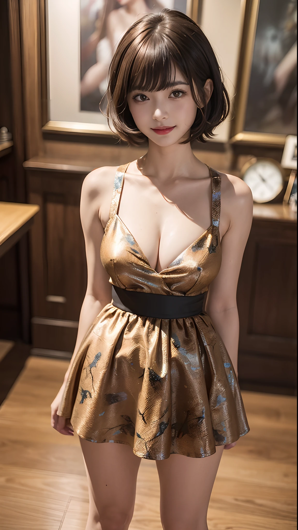 Antique room、BREAK、((1girl in:1.8))、((独奏:1.8))、((From below:1.3))、((slenderbody:1.5))、((Colossal tits:1.4,cleavage of the breast:1.2)),BREAK(((Jackson Pollock Short Dress :1.3))、((Standing Pose:1.3,open the legs widely:1.3))、Rocket Big 1.2、BREAK Straight in front photo:1.8、Photo above the knee:1.5、BREAK 8K Wallpapers、超A high resolution,((Photoreal Stick:1.4)),masutepiece,Best Quality,Perfect Lighting,Detailed Lighting,Dramatic light and shadow,Ray tracing,(Perfect Anatomy:1.4)、((Looking at Viewer))、A detailed face、A detailed eye、Detailed clavicle、real looking skin、20yr old、((A smile:1.1))、BREAK((Brown semi-shorthair:1.3))、Brown-eyed、eye line、Red Lip