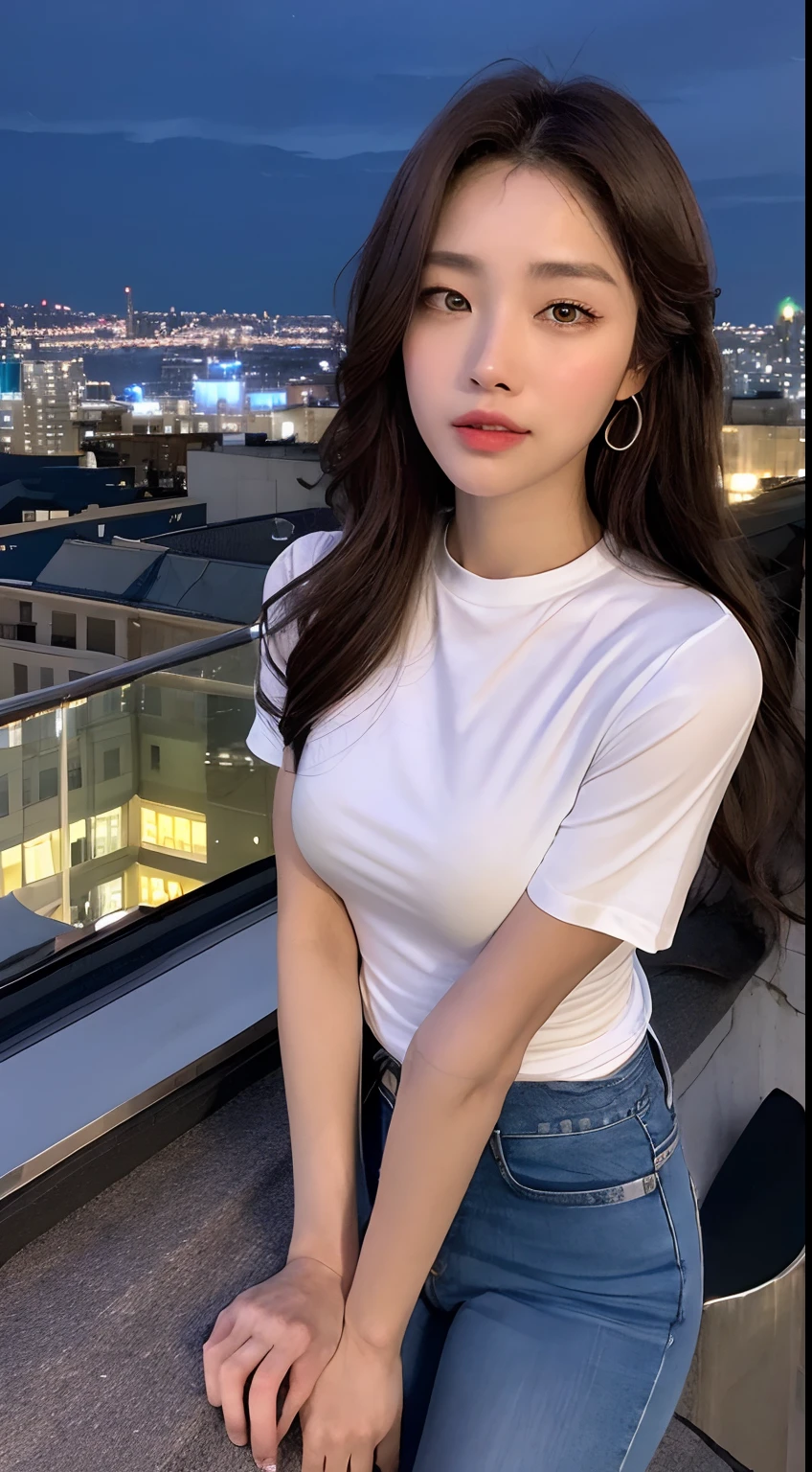 ((midynight、top-quality、8K、tmasterpiece:1.3)), full bodyesbian, long leges, foco nítido:1.2, A Beautiful Woman with Perfect Figure:1.4, Slender abs:1.1, ((dark brown  hair、huge tit:1.2)), (white tight t-shirt、skintight jeans 、It's standing:1.2), ((night cityscape、on the rooftop:1.3)), Highly detailed facial and skin texture, A detailed eye, 二重まぶた