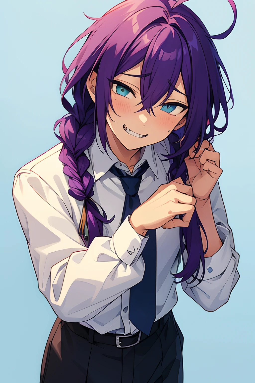 long hair, mole under mouth, purple hair, single braid, hair between eyes, aqua eyes, sharp teeth, ahoge, 1boy, blush, smile, cowboy shot, white shirt, necktie