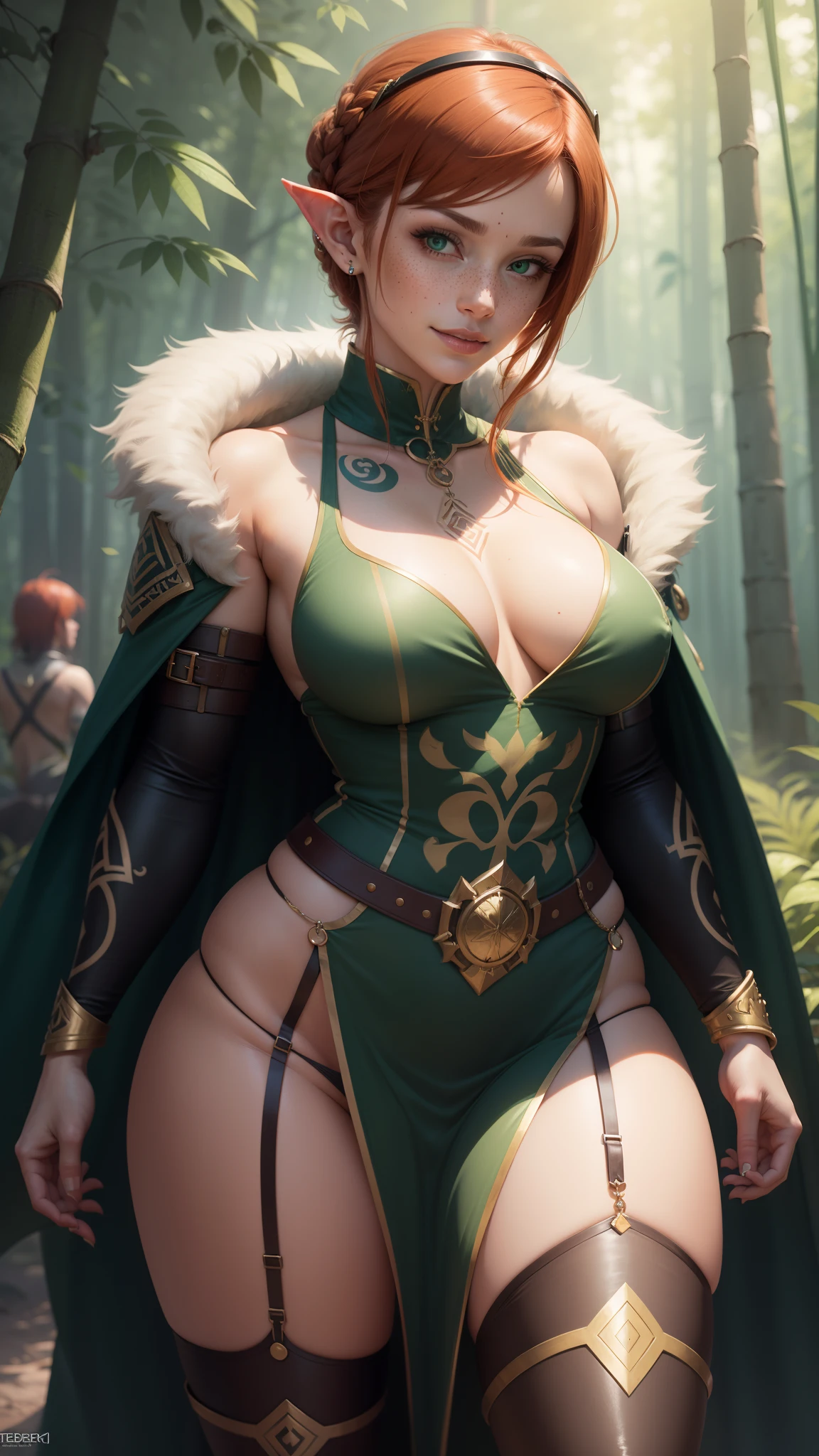 gwen tennyson,tracer,bulma,rebecca chambers,1girl,close up,elf ears,elven armor,gold head and neck jewelry,body tattoos,short hair,long gown dress,wolf fur, ceremonial cape,viking corset,tight skirt,bamboo forest,gold,amulets,tribal piercings and tattoos,white tribal top,green eyes,orange hair,shy smile,freckles,redhead,beautiful girl,large breasts,thigh high boots,ultra detailed,realistic,fantasy art,garter belt,braided hair,holding a dagger,