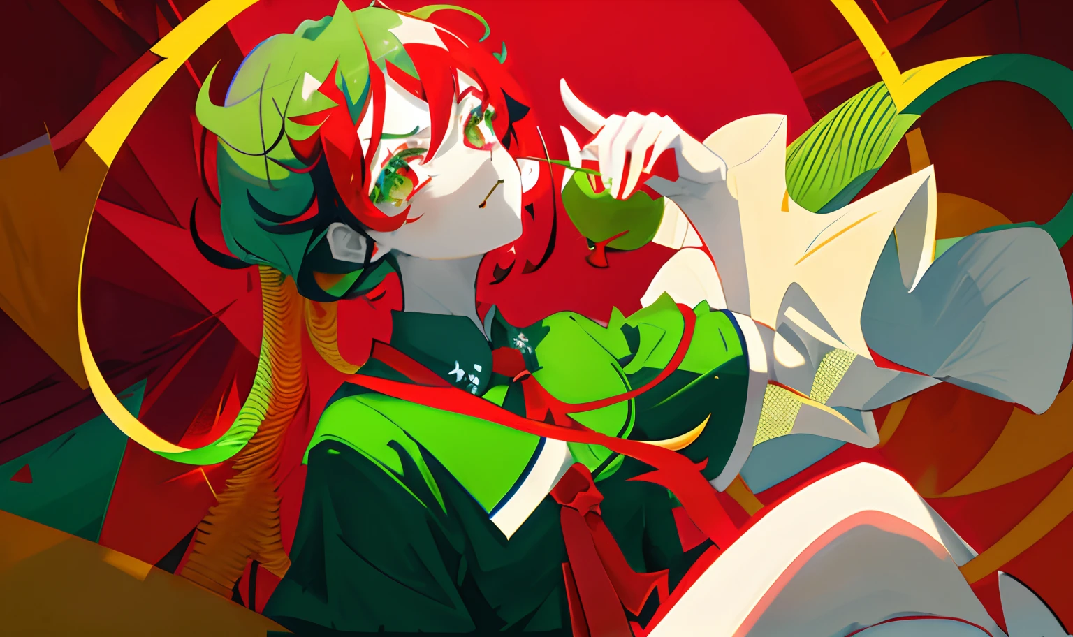 schoolgirls,Abstract background red and green gradient coiled hair,Pale green cheongsam,Heteropupil,Green-blue heteropupils，There are devil's horns，There are no bright spots in the eyes，pouty，solo person，Blood splattered on hair and clothes