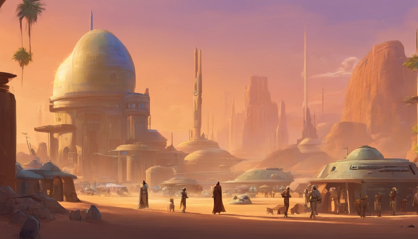 Planet Tatooine, The city, busy street, bar, People in beautiful outfits and expensive accessories, parked expensive cars, concept art by Magalie Villeneuve, trending on cg society, "Star Wars""": The Old Republic", concept art by Ralph McQuarrie