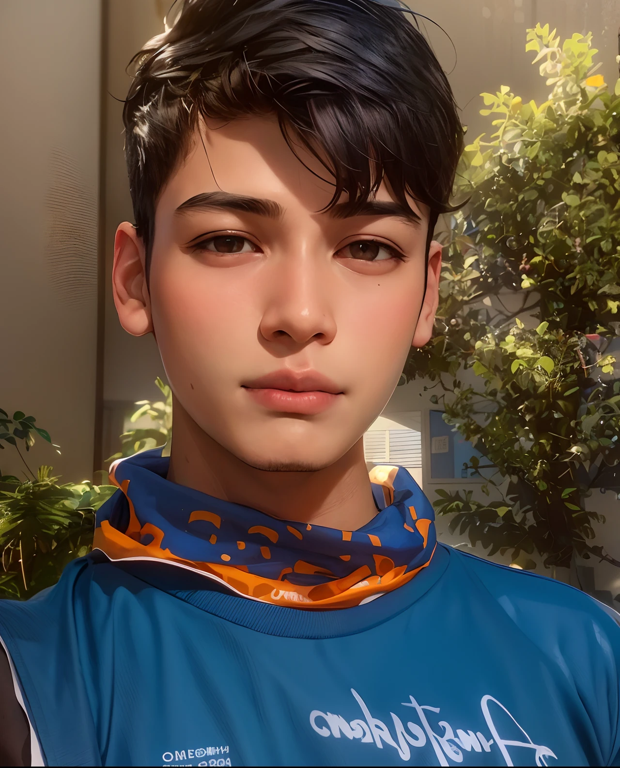 there is a young boy with a blue shirt and a orange neck scarf, with accurate face, 18 years old, twink, portait photo profile picture, 1 6 years old, good looking face, ayan nag, khyzyl saleem, riyahd cassiem, mohamed chahin, facebook profile picture, male teenager, around 1 9 years old