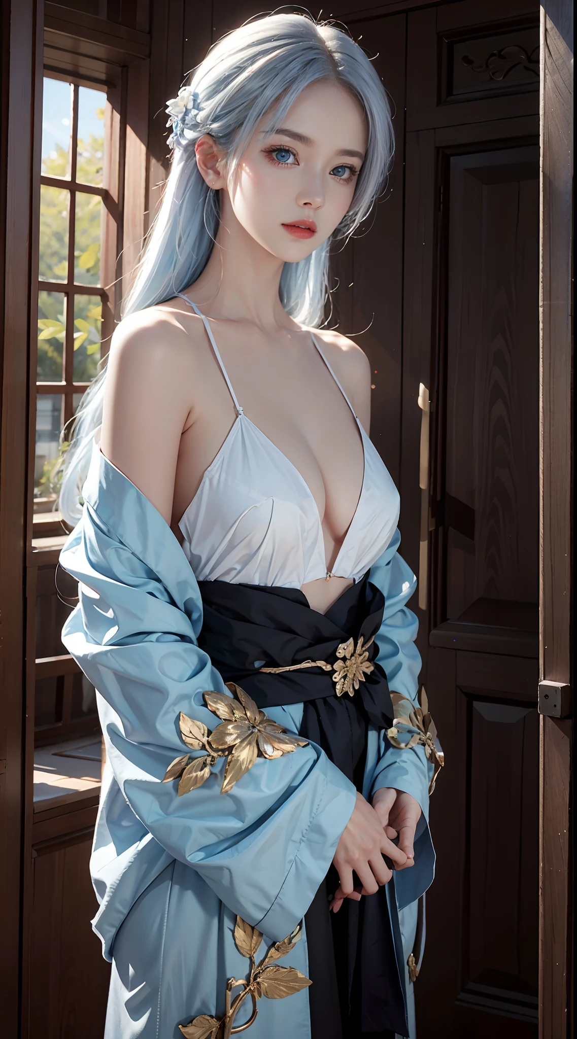 photorealistic, masterpiece, photorealistic, high resolution, soft light, waist up, blue eyes, white hair, long hair, shoulder less, short kimono